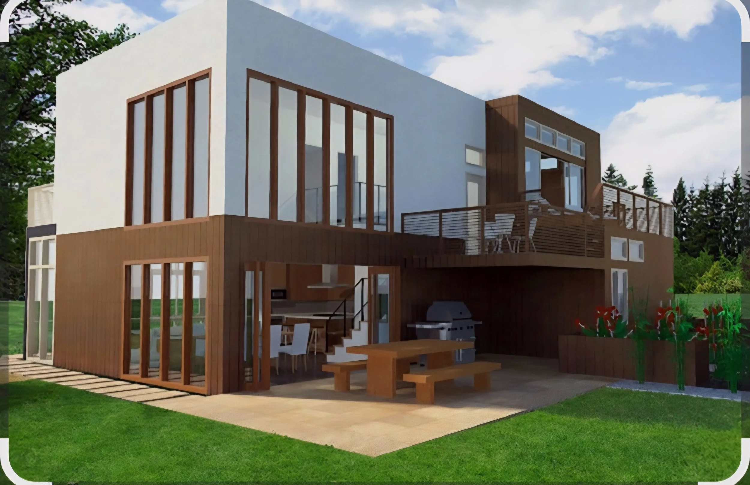 Modern two-story house with white and brown exterior, large glass windows, a patio with outdoor seating and grill, surrounded by green lawn and trees.