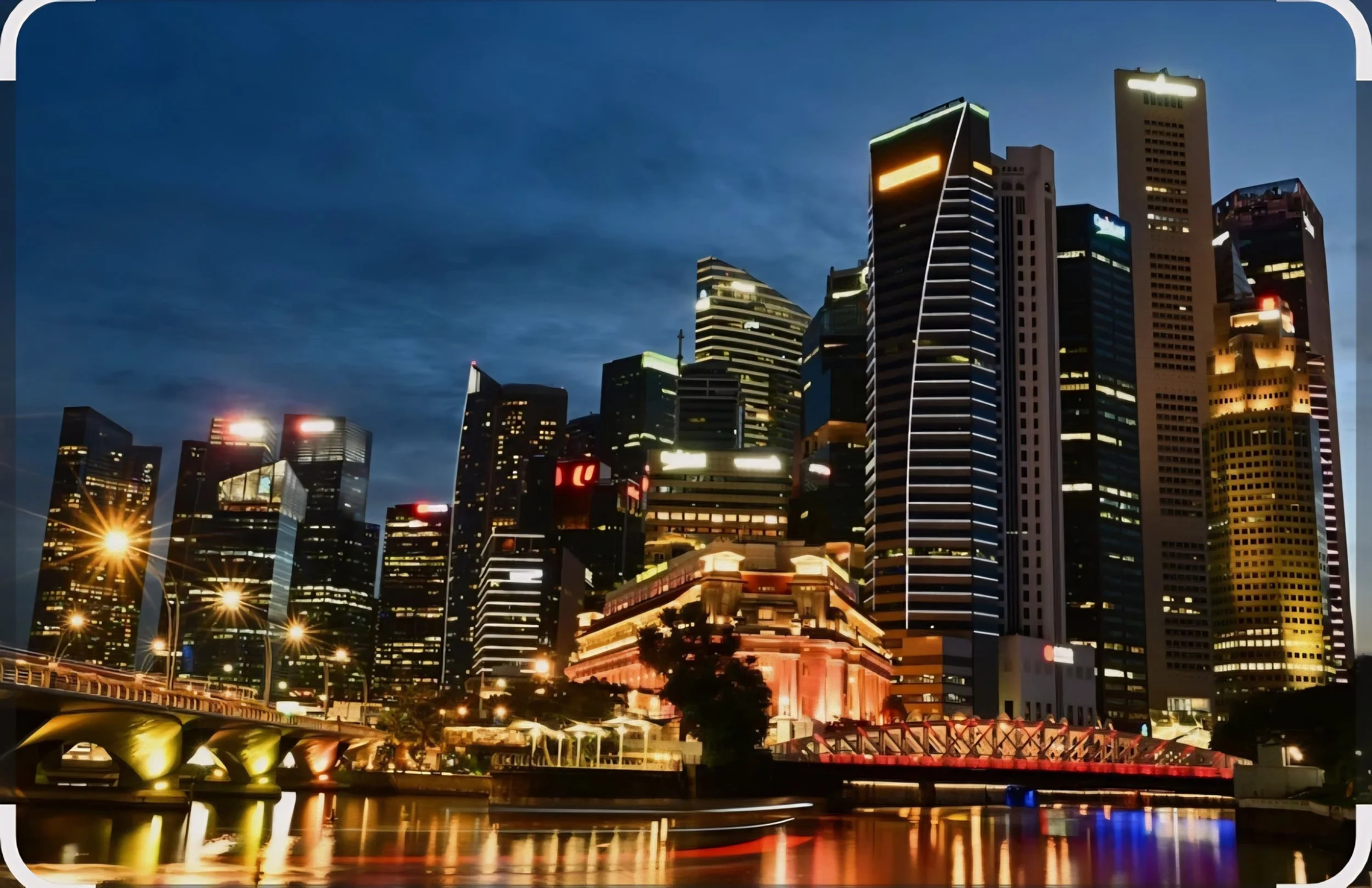 Nighttime cityscape with illuminated skyscrapers and reflections on water.
