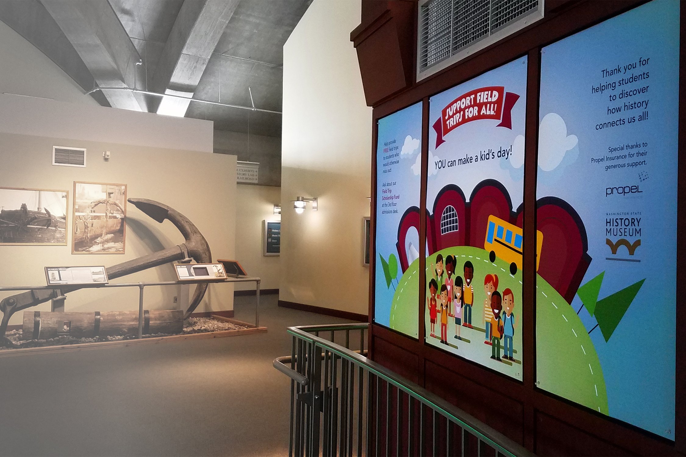 I worked with the Washington State History Museum to design promotional pieces like floor banners, murals and website graphics for exhibits and fundraising events.