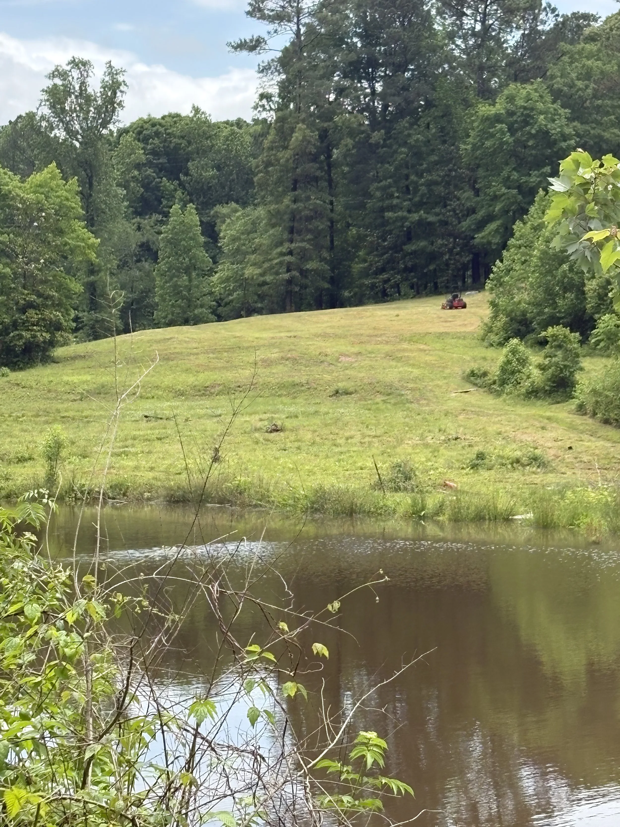 A peaceful scene of a river with dark water in the foreground, surrounded by lush green bushes and trees, and a grassy hill in the background with tall trees and a cloudy sky.