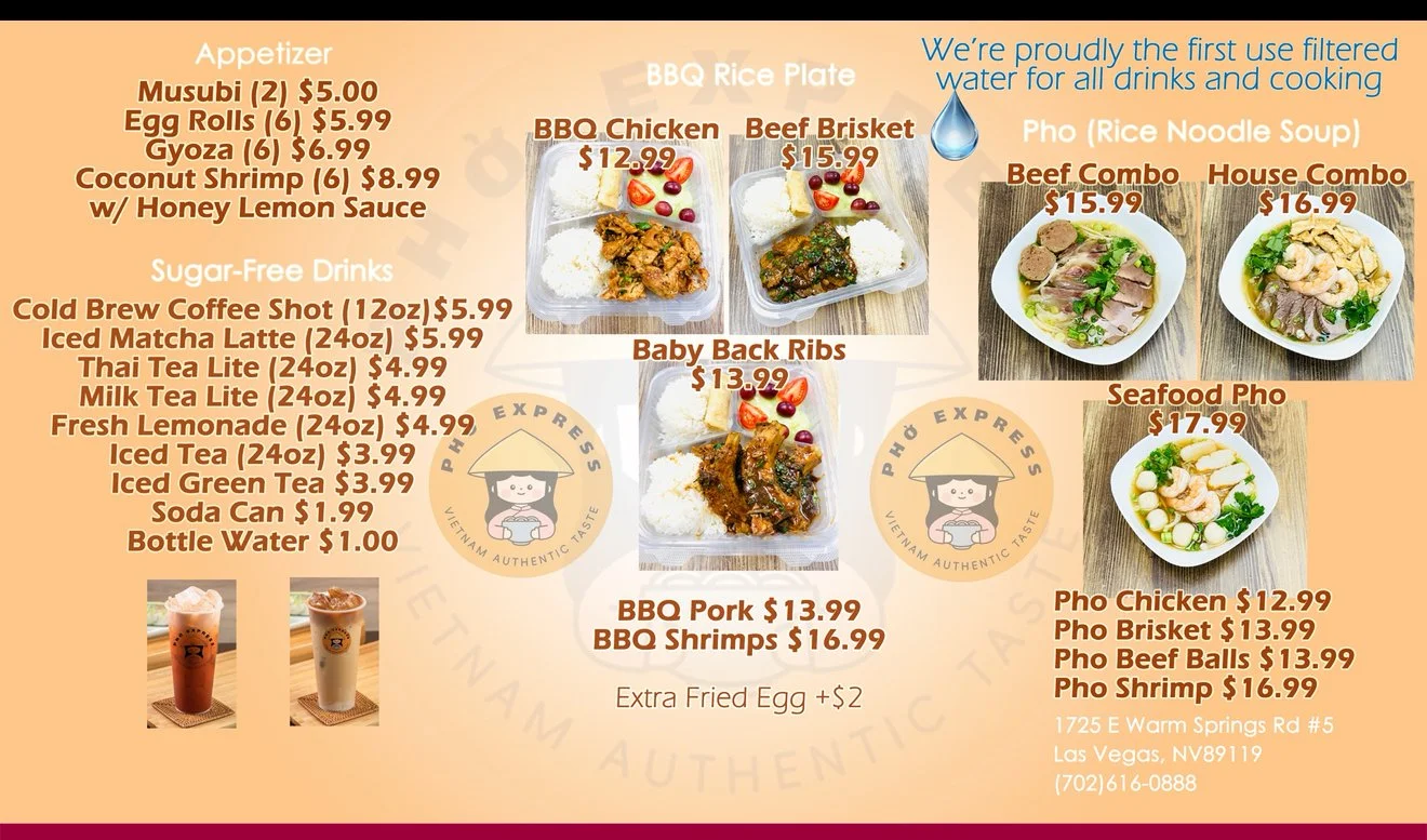 Menu featuring Vietnamese dishes with prices, including appetizers, sugar-free drinks, rice plates, and pho options. Images of BBQ chicken, beef brisket, baby back ribs, BBQ pork, BBQ shrimps, and various pho bowls.