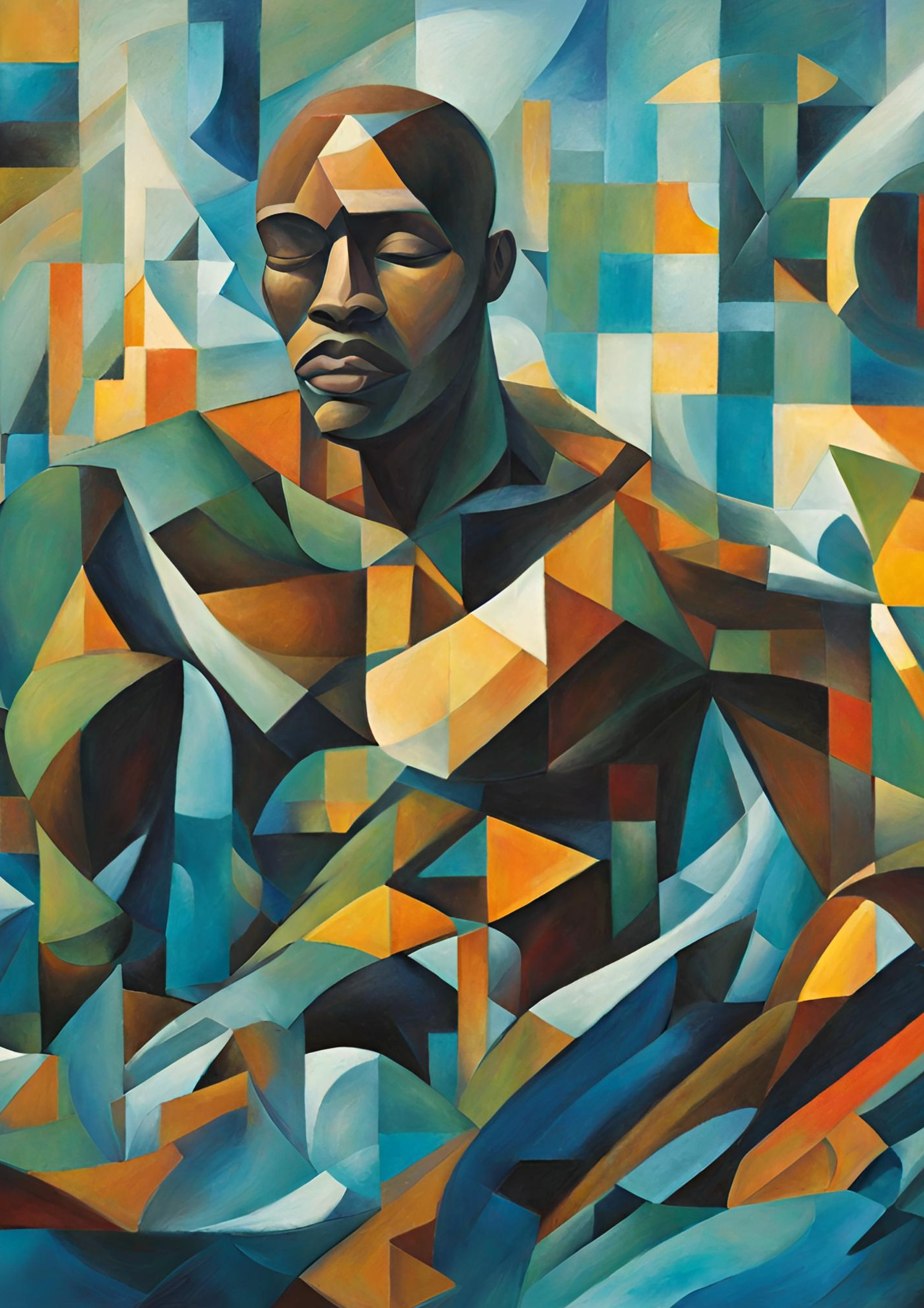 A colorful abstract painting of a woman with closed eyes, created in a cubist style with geometric shapes and a variety of colors including blue, green, orange, and brown.