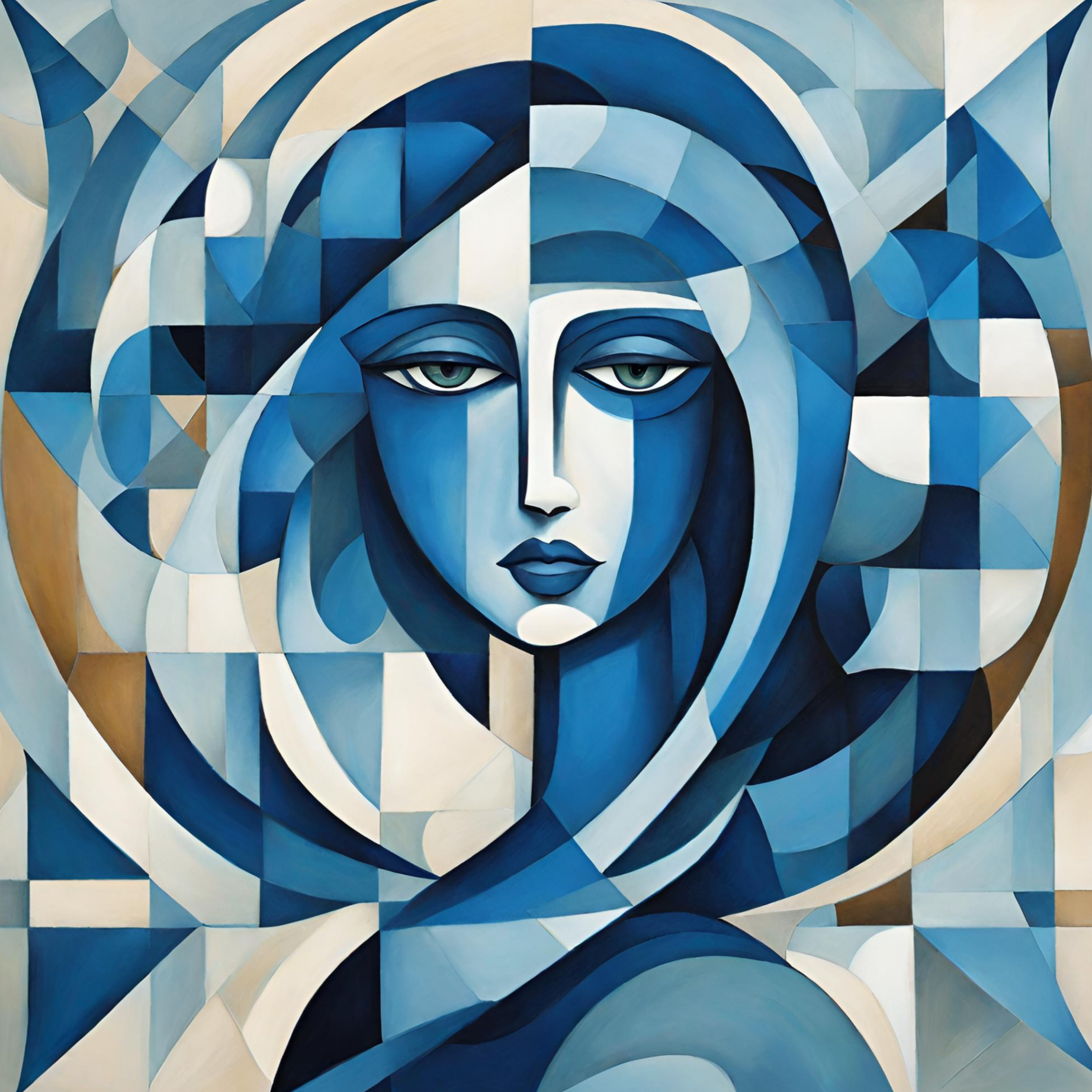 Cubist-style painting of a woman with blue facial tones, green eyes, and flowing hair, using geometric shapes in shades of blue, white, beige, and black.
