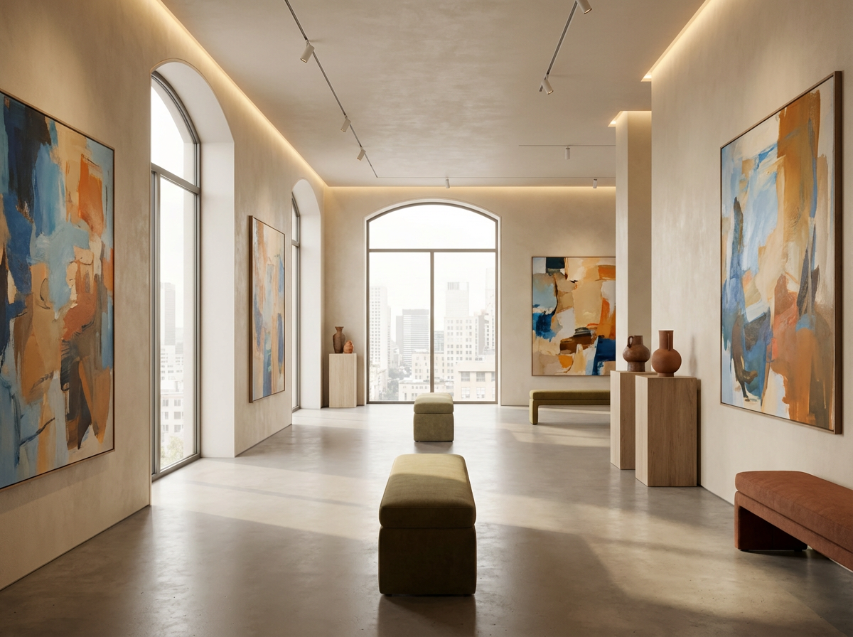 Modern art gallery with abstract paintings on walls, large windows with city view, minimalist benches, and decorative vases on pedestals.