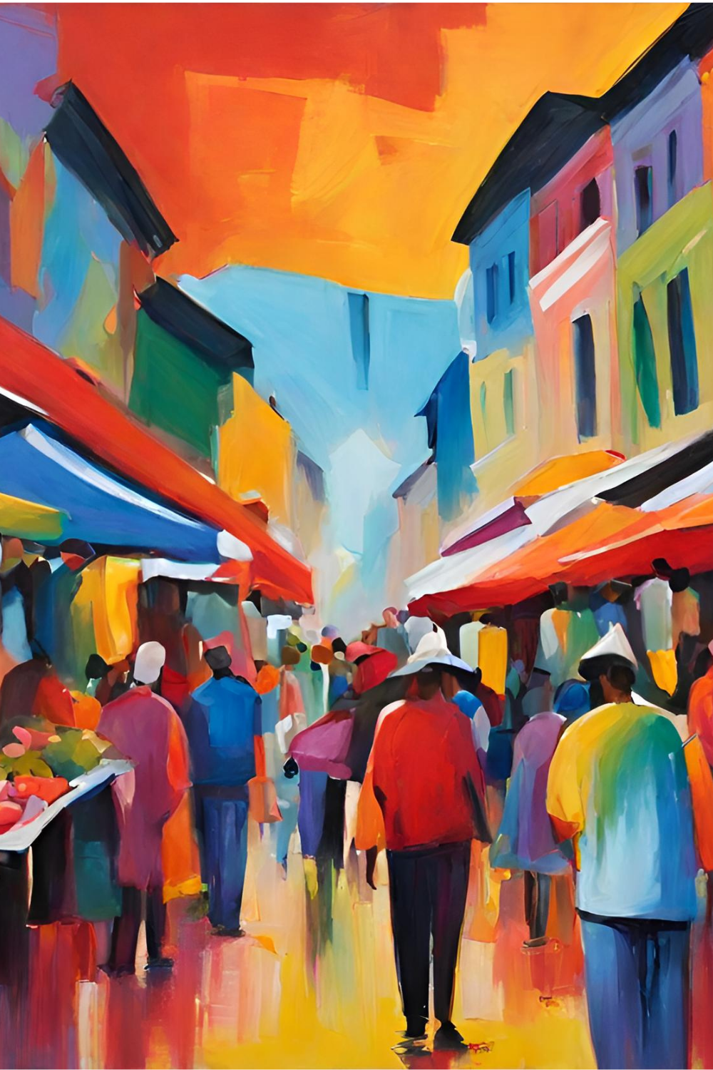 Colorful impressionist-style painting of a busy street market with people walking under umbrellas and awnings, surrounded by colorful buildings.