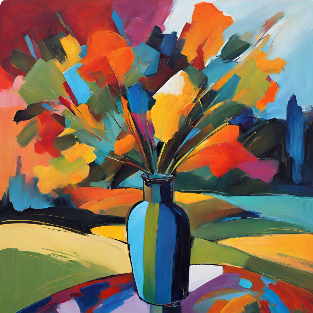 An abstract painting of a vase with colorful leaves on a table, set against a vibrant landscape background.