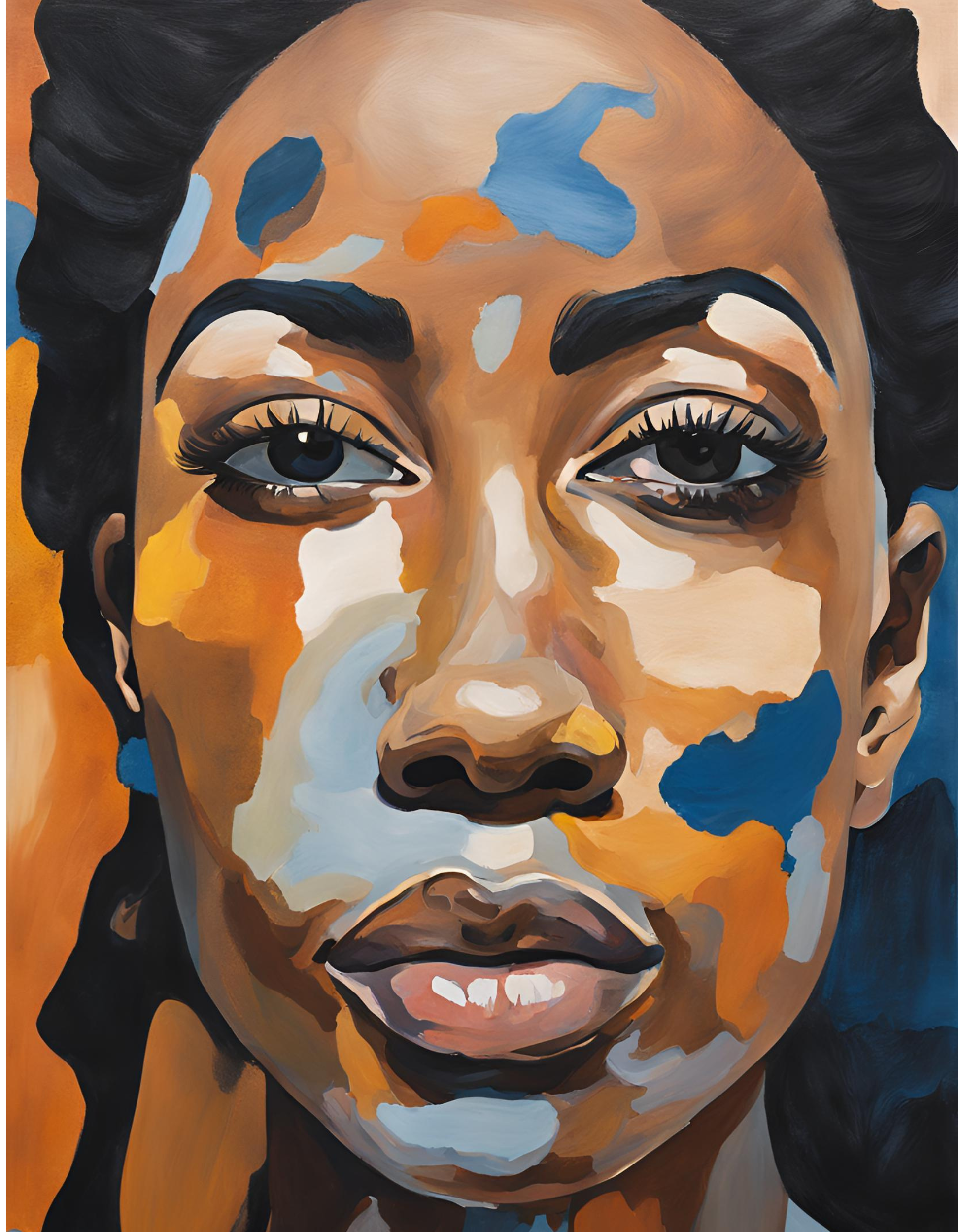 Close-up of a colorful, stylized portrait of a woman with dark hair, detailed eyes, and prominent lips, painted with bold brushstrokes in shades of brown, white, blue, and orange.