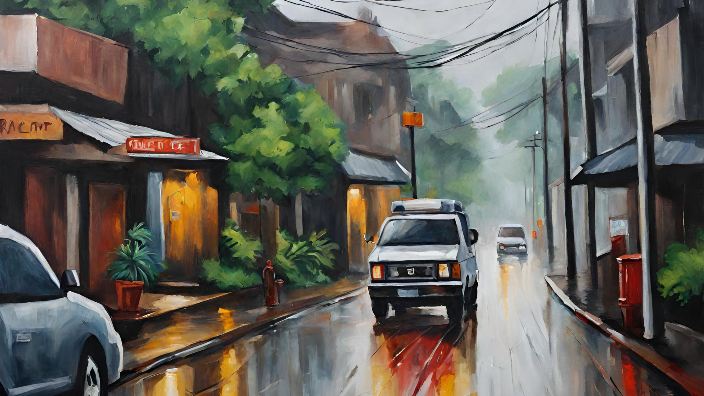 A rainy street scene painted in watercolor with parked and moving cars, wet pavement reflecting lights, lush green trees, and buildings with awnings and signage.