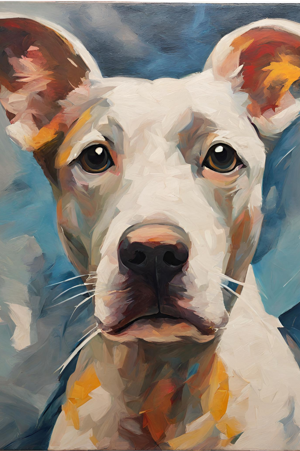 Painted portrait of a white and brown dog with large eyes and a black nose, set against a blue background.