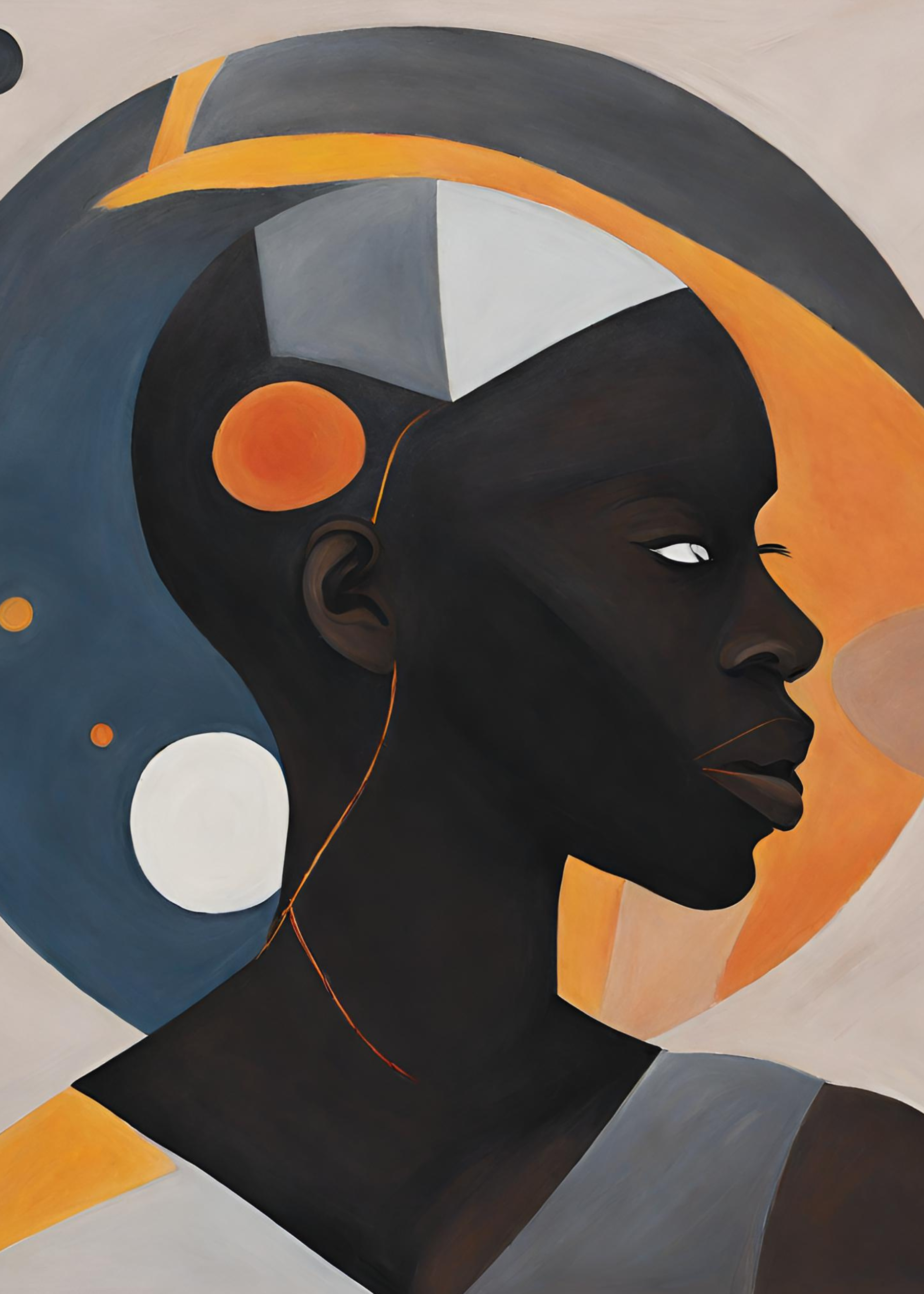 An abstract portrait of a woman with dark skin and short hair, featuring colorful geometric shapes and circles in orange, white, blue, and grey in the background.
