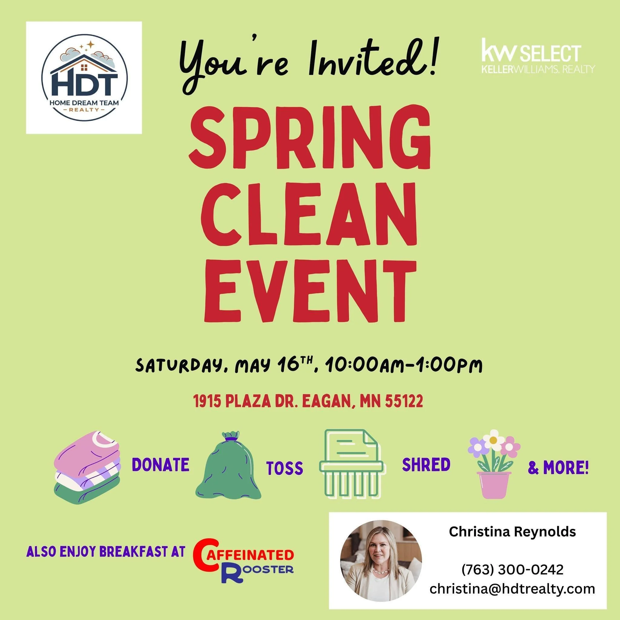 🌷Spring Clean EVENT is TODAY!!!👏
If your 🏠HOME DREAM is to have your HOME CLEAN-load up your vehicle and drop off your unwanted items today!! 
Enjoy FREE breakfast from the Caffeinated Rooster-woohoo!
Here&rsquo;s what you CAN bring:
● Documents y
