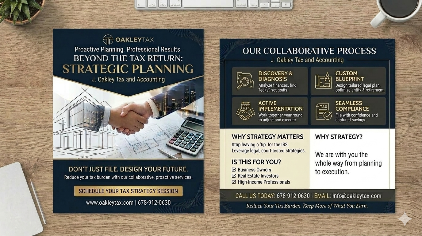 Two informational flyers for Oakley Tax and Accounting on a wooden desk. One flyer discusses strategic planning for tax returns with imagery of a handshake, building plans, and a calculator. The other flyer describes their collaborative process, including discovery, custom blueprint, active implementation, and compliance, with text outlining benefits for business owners, real estate investors, and high-income professionals.