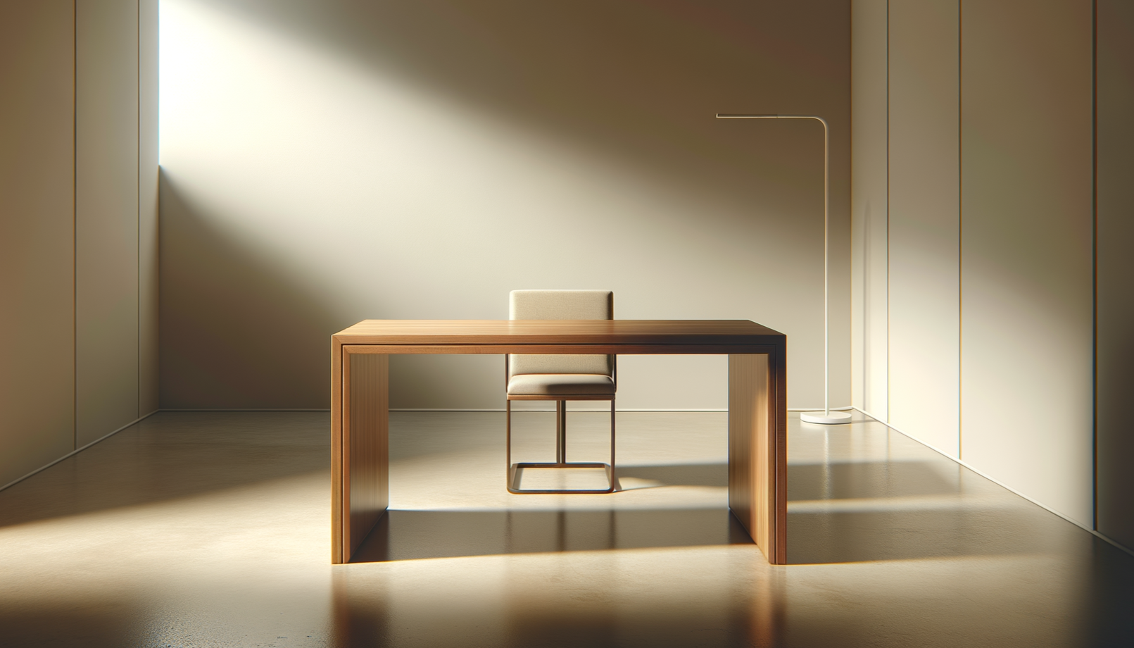 Minimalist room with a wooden desk, a beige chair, and a modern floor lamp, illuminated by natural sunlight.