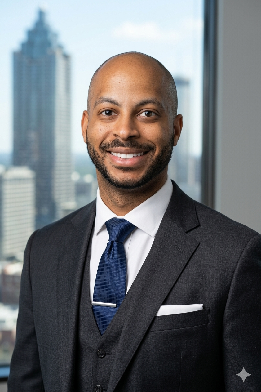 A smiling African American man in a dark suit, white shirt, and blue tie, standing in front of a large window with a city skyline in the background.
