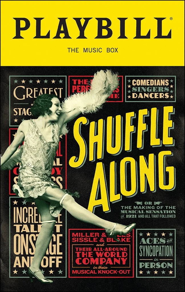 Vintage Playbill cover titled "Shuffle Along" featuring a woman in a flapper dress and feathered headpiece, dancing with one leg extended, surrounded by various colorful text boxes highlighting the show's achievements and cast.