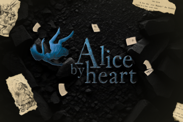 Dark background with scattered torn papers, a blue angel figure, and the text 'Alice by heart' in stylized letters.