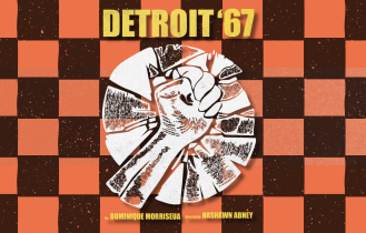 A clenched fist holding a rose in front of a black and orange checkered background with the text 'Detroit '67' at the top and artist names at the bottom.