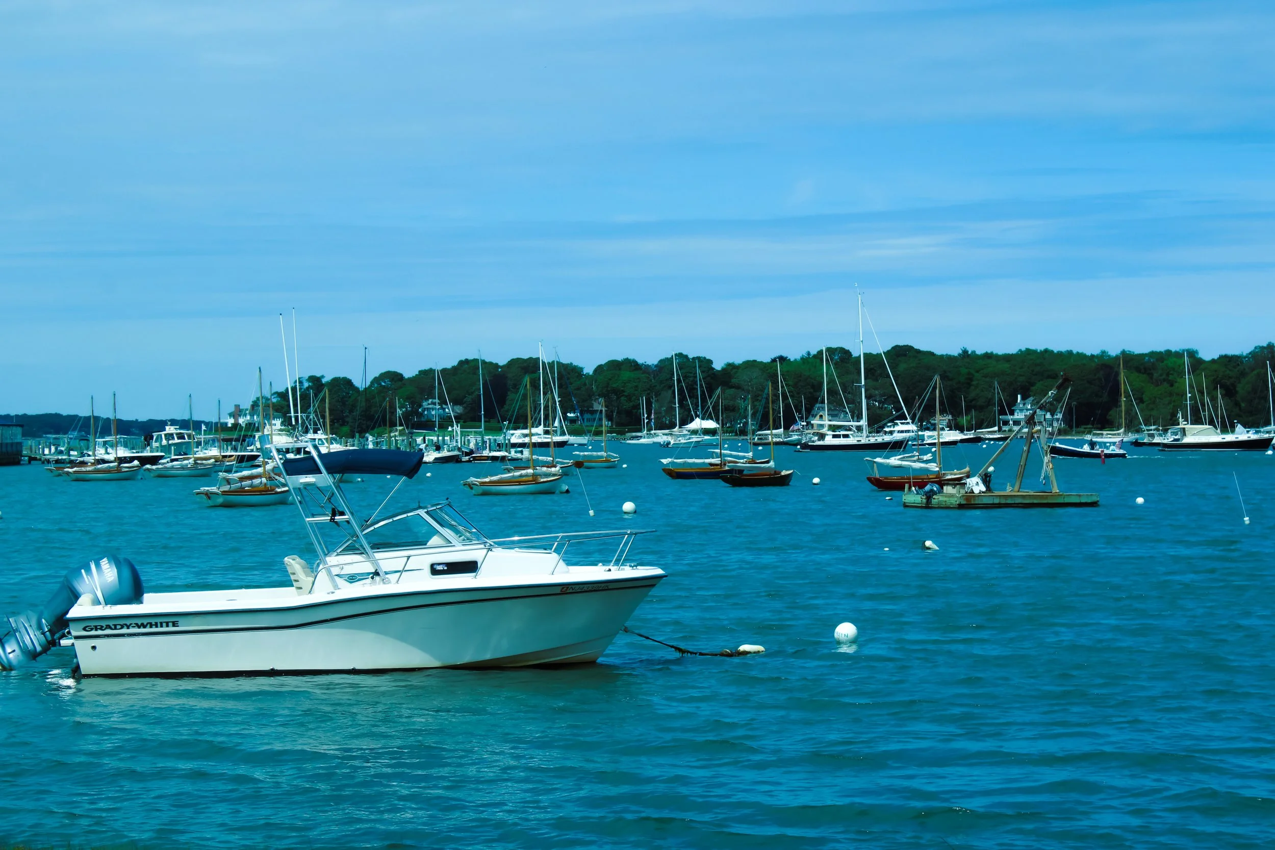 A marina with multiple sailboats and motorboats docked in the water, with a distant tree-lined shoreline under a partly cloudy sky.