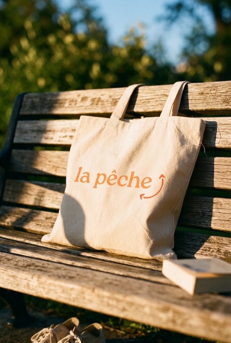 A beige tote bag with the words "la pêche" and an arrow printed in orange.
