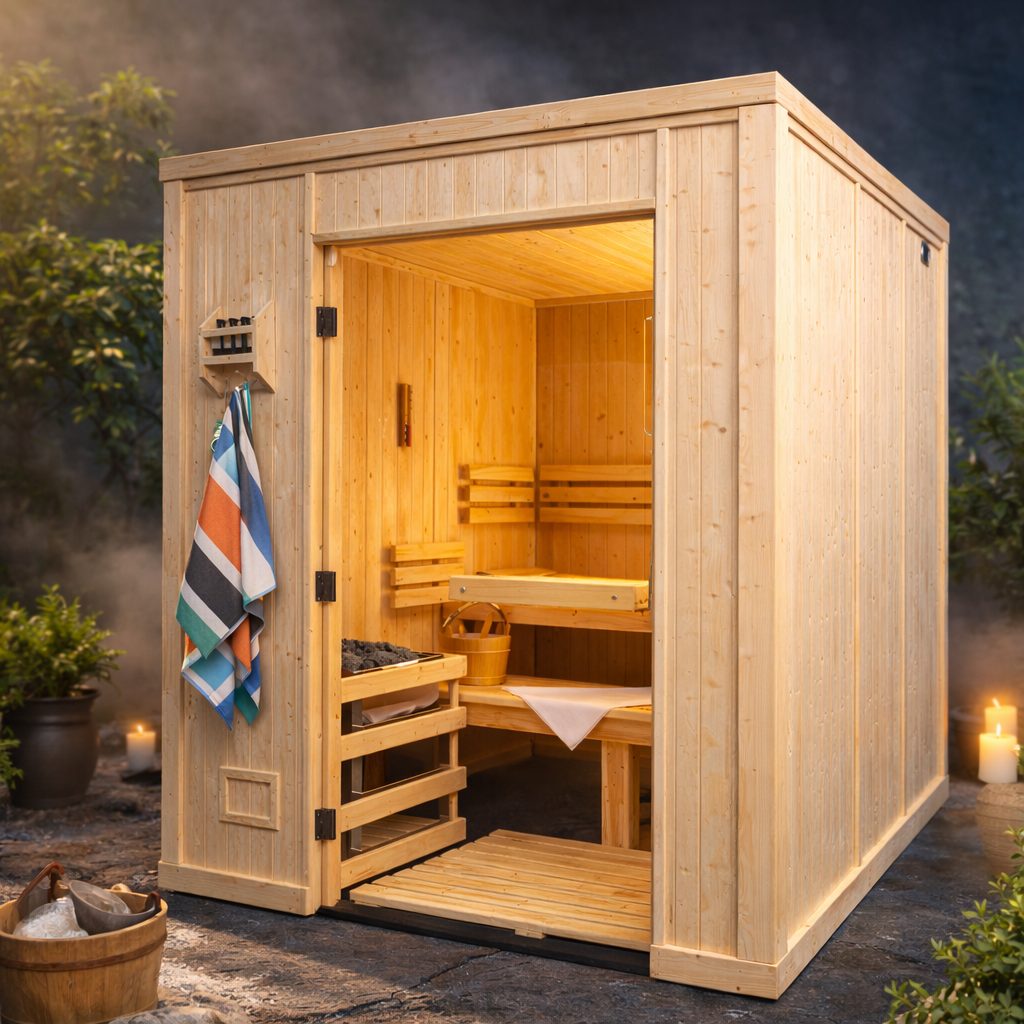 A wooden outdoor sauna with an open door, revealing interior benches, a bucket, and a towel. It is set in a natural outdoor environment with candles and plants around.