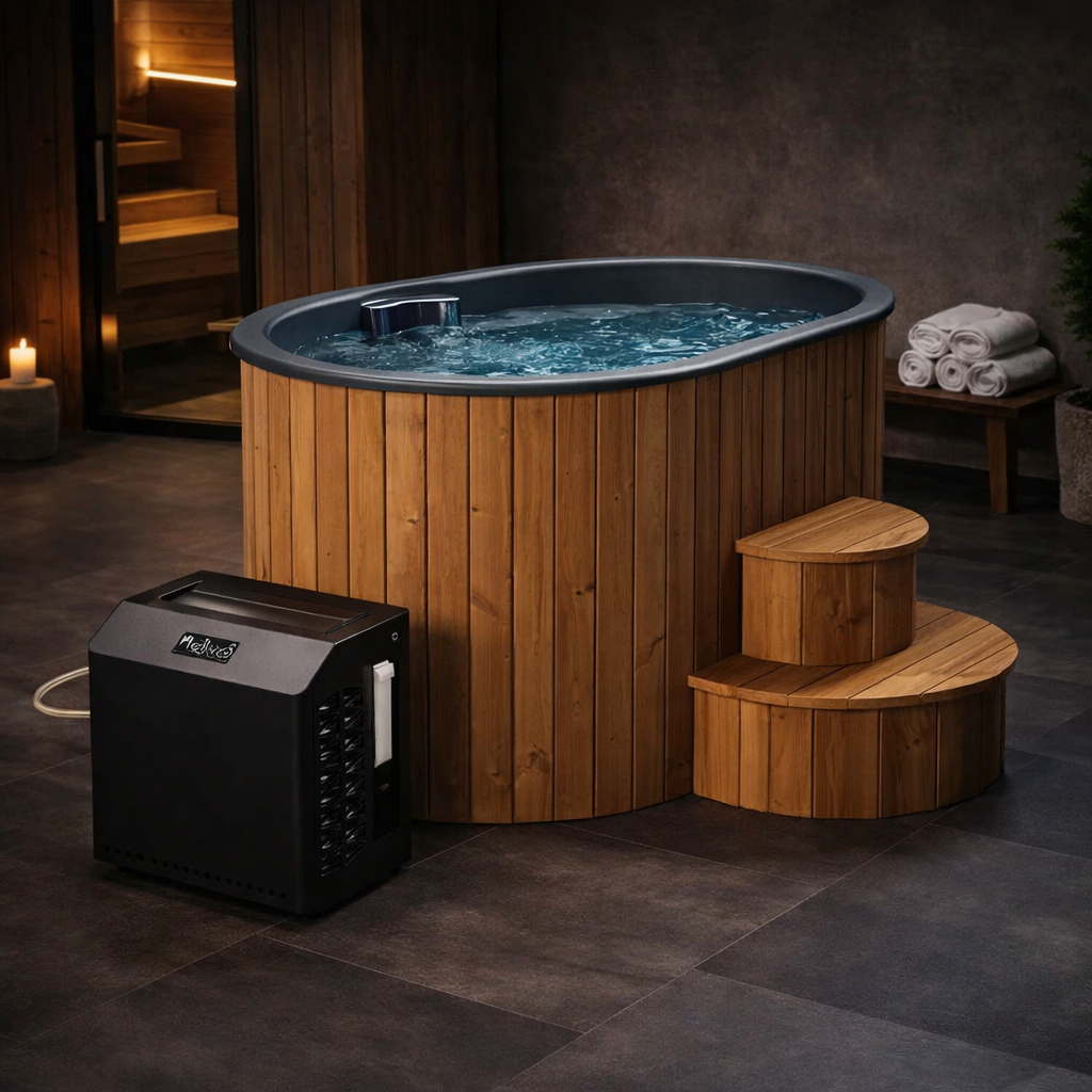 Indoor hot tub with wooden exterior and steps, surrounded by dark flooring, towel rack, candles, and sauna in the background.