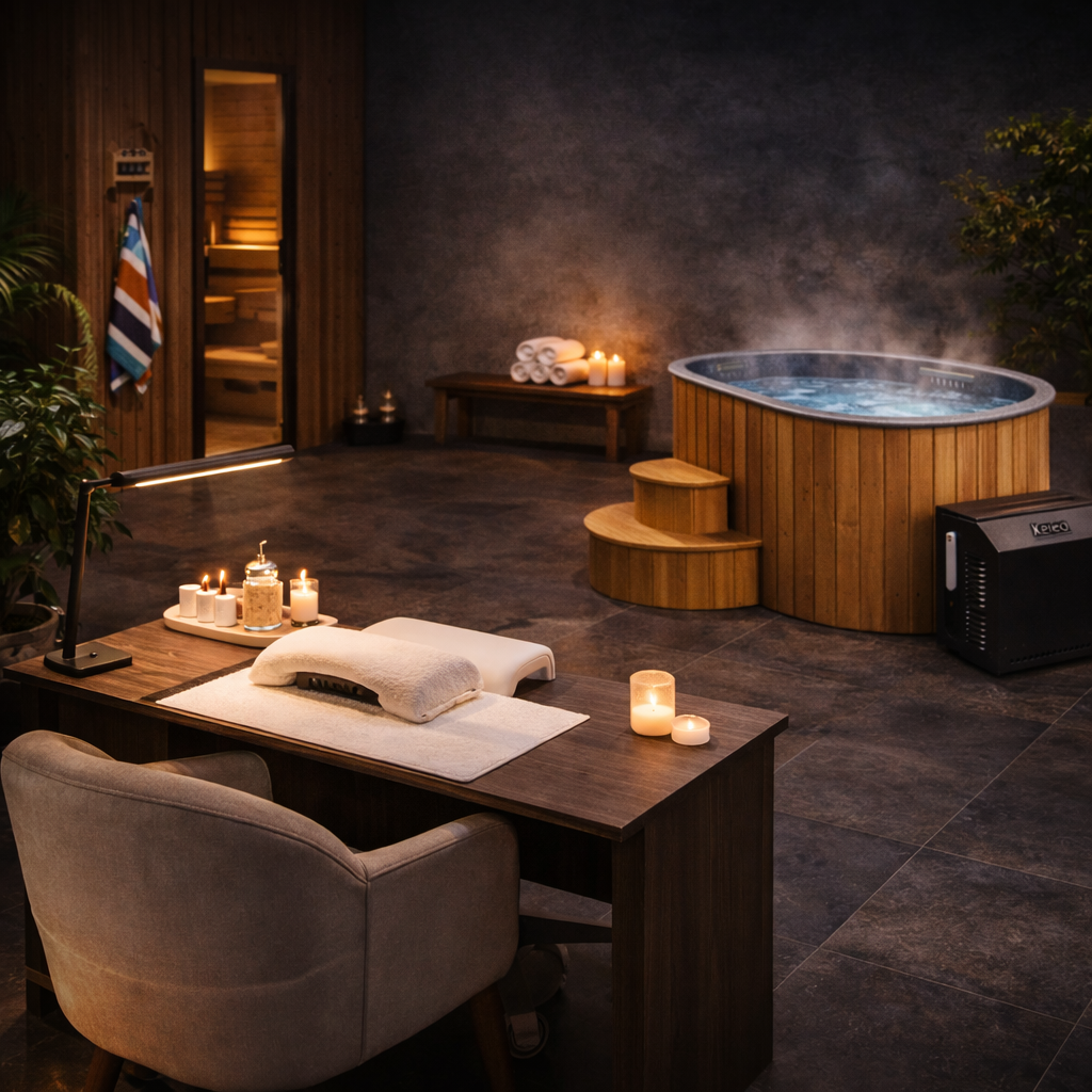 A cozy spa room with a massage table, lit candles, and a hot tub with steam, creating a relaxing atmosphere.