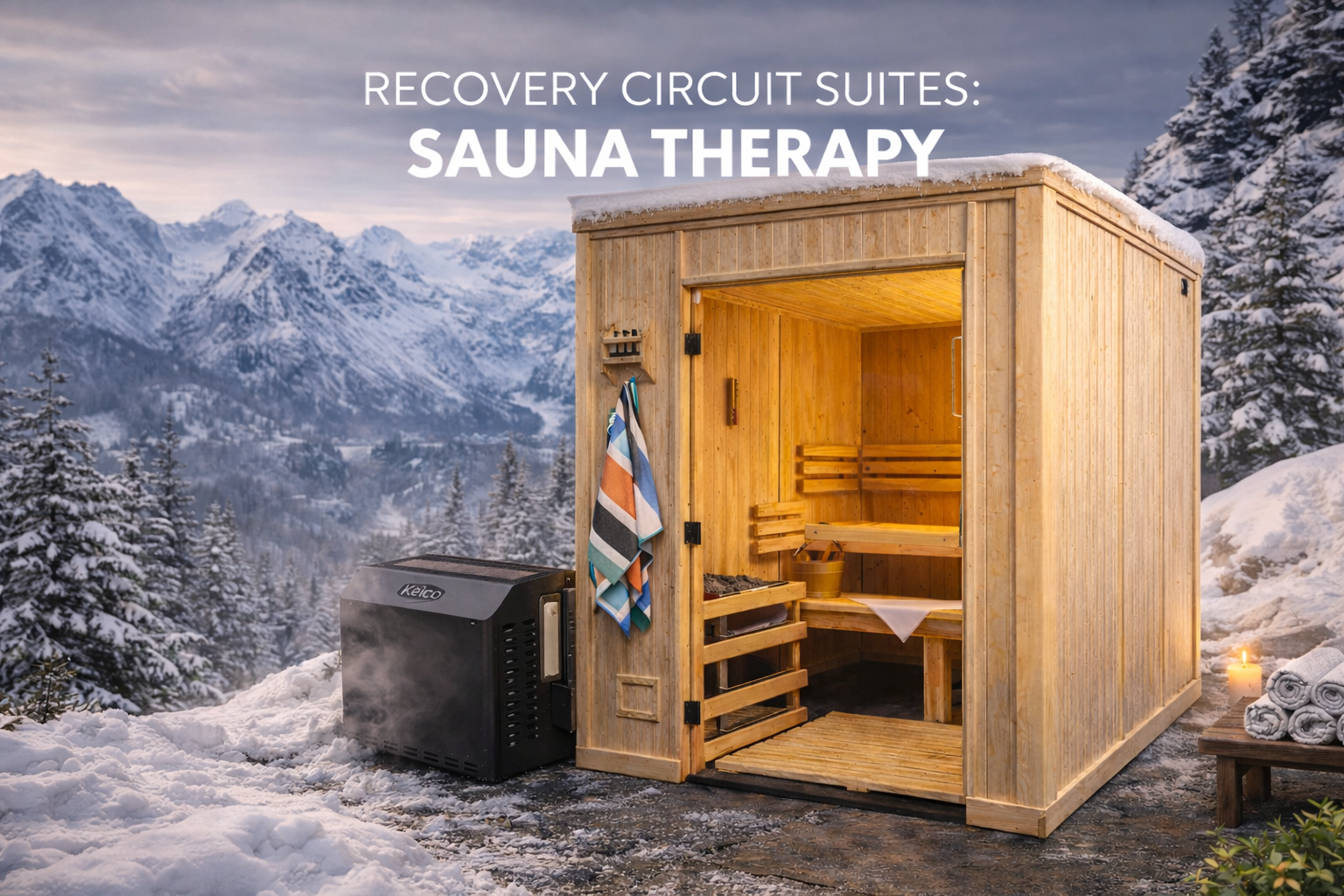 An outdoor wooden sauna cabin in snowy mountain landscape with a small heater outside and rolled towels on a table nearby.
