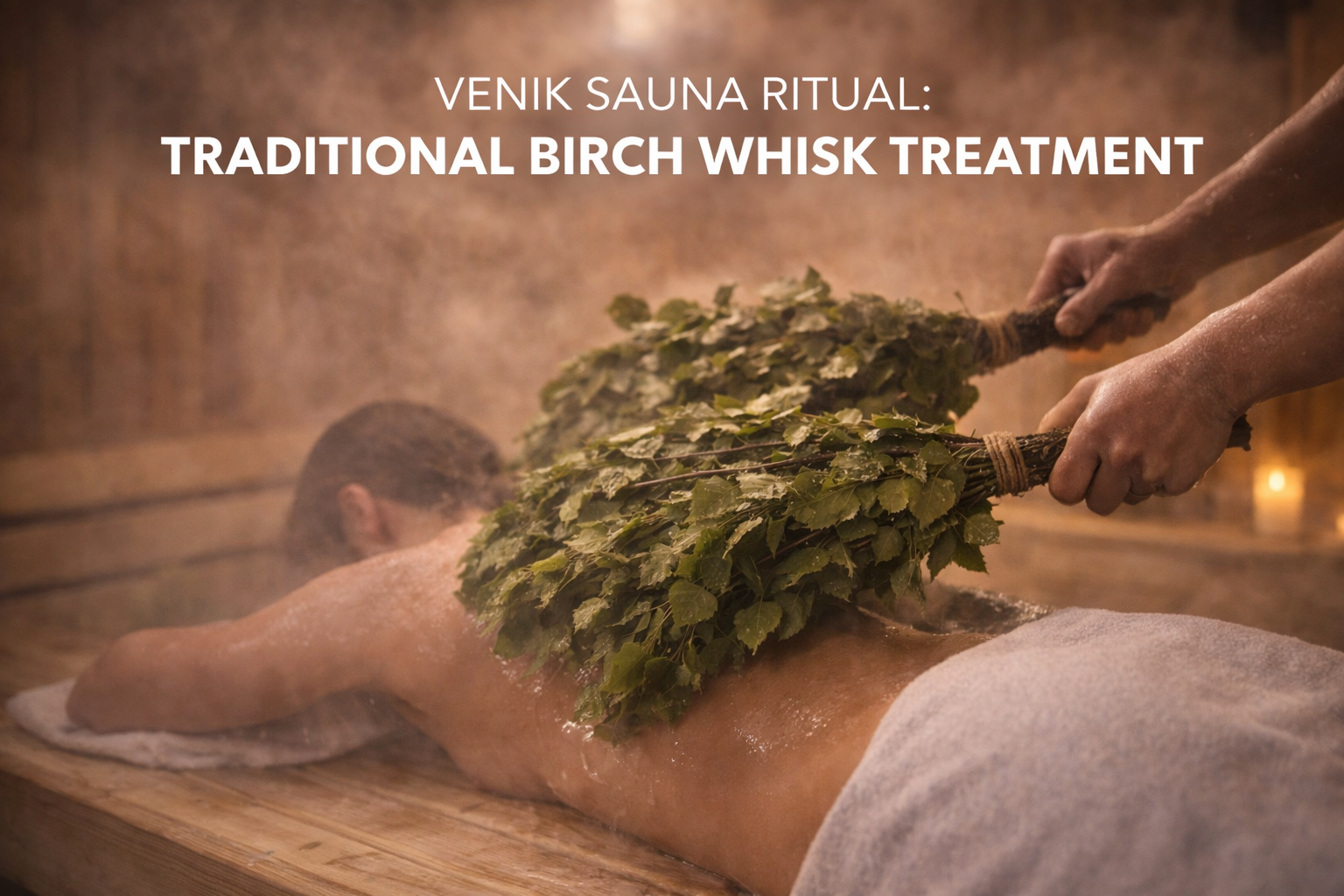 Person receiving a traditional birch whisk treatment in a sauna, with a person holding a bundle of birch branches above them.