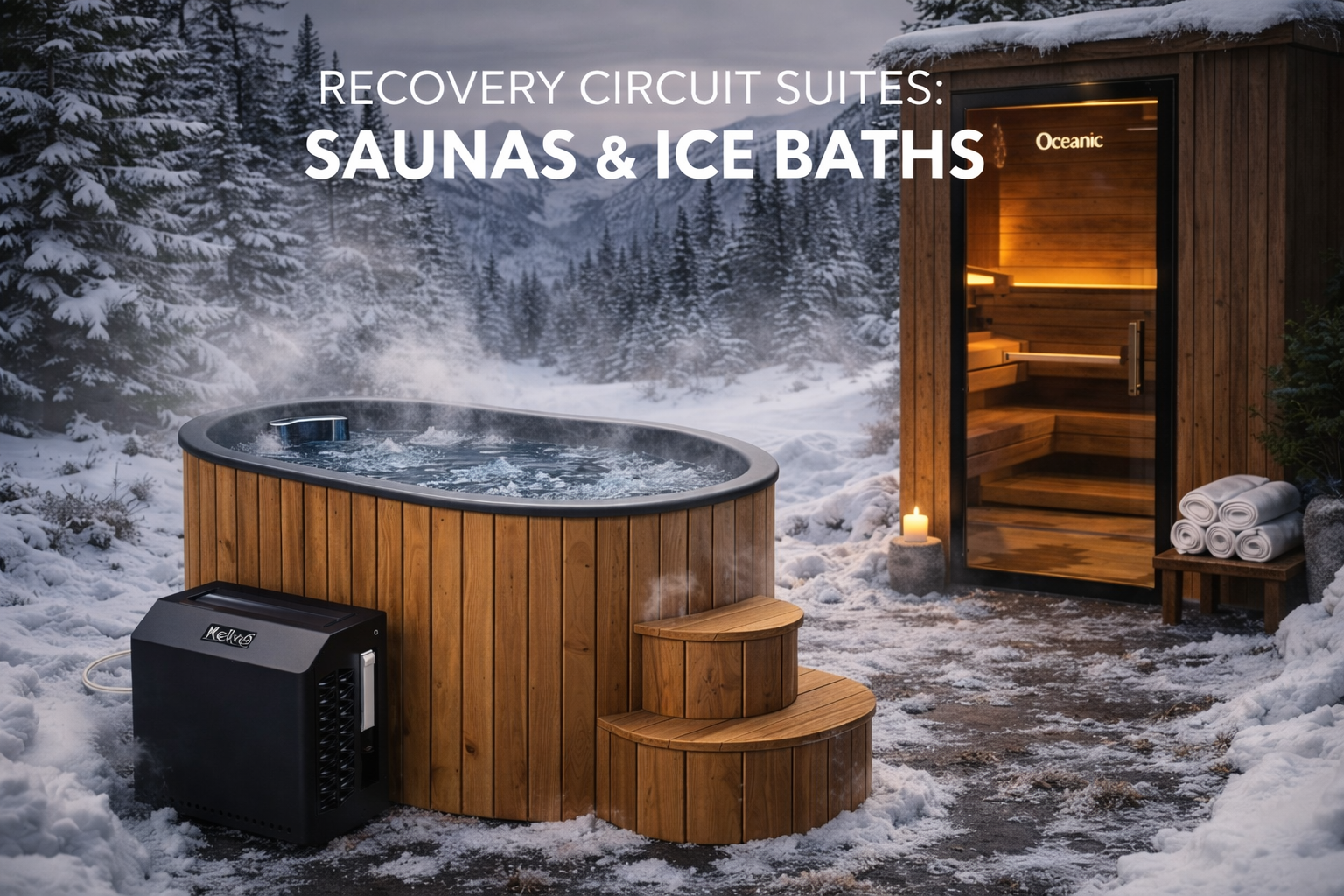 An outdoor hot tub with steam rising, next to a wooden sauna, in a snowy forest setting with pine trees. The scene includes rolled towels and a lit candle outside the sauna.