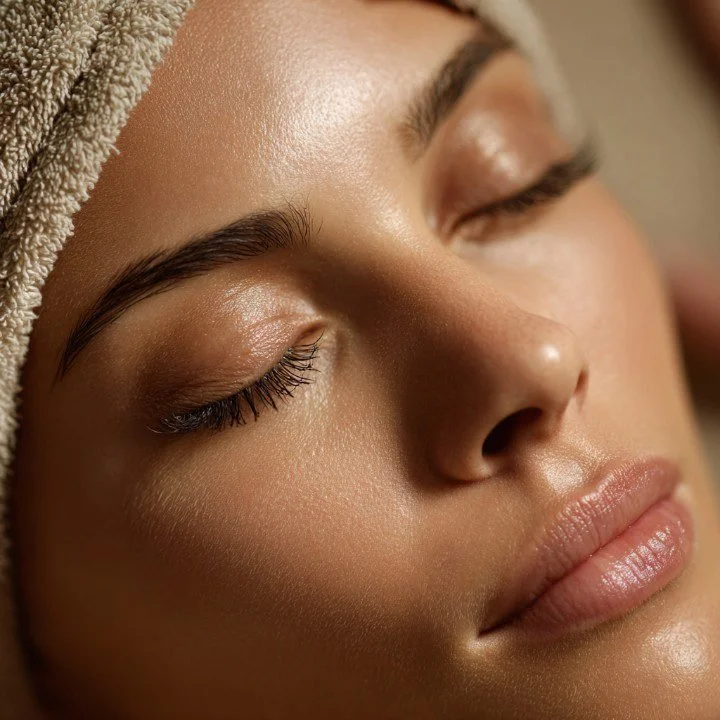 Close-up of a woman's face with closed eyes, smooth skin, and relaxed expression, wrapped in a towel.