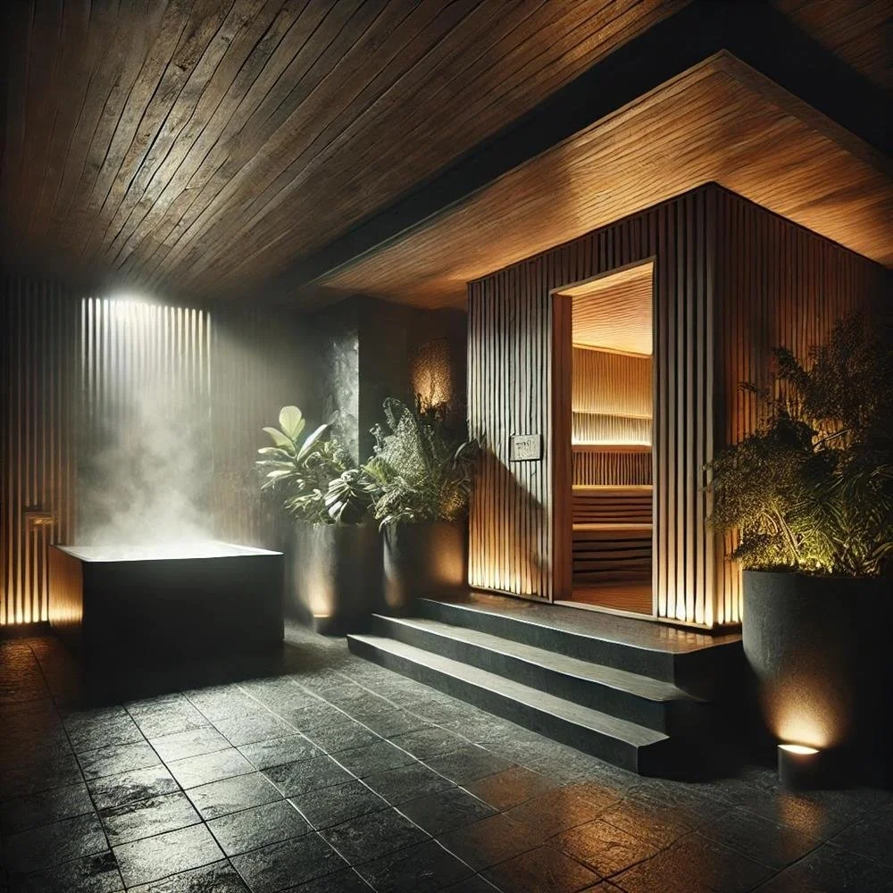 Entrance to a modern spa with wooden accents, potted plants, steam coming from a hot tub, and soft ambient lighting