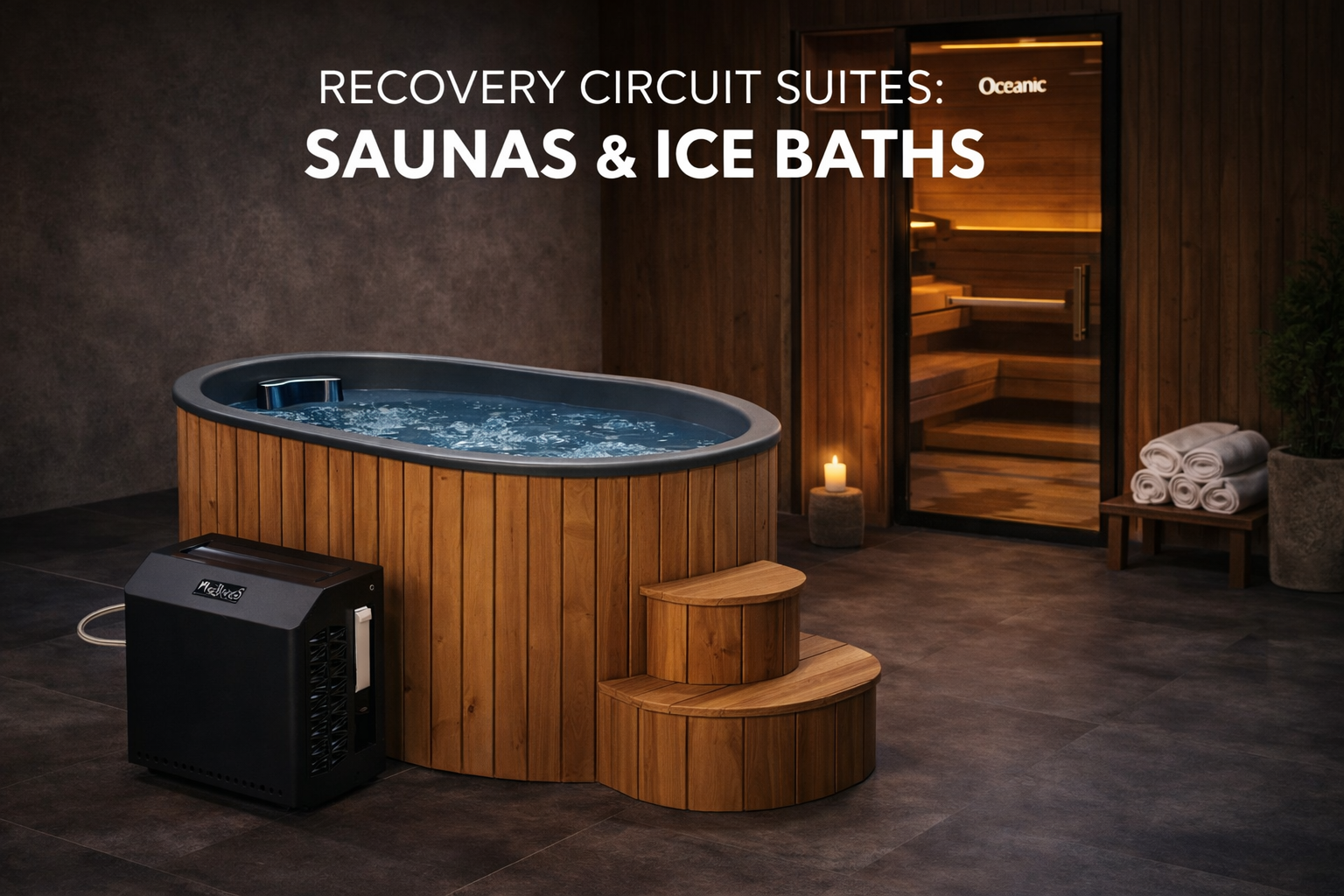 A wooden outdoor hot tub with water, placed in a relaxation area with a candle, rolled towels, and a sauna in the background.