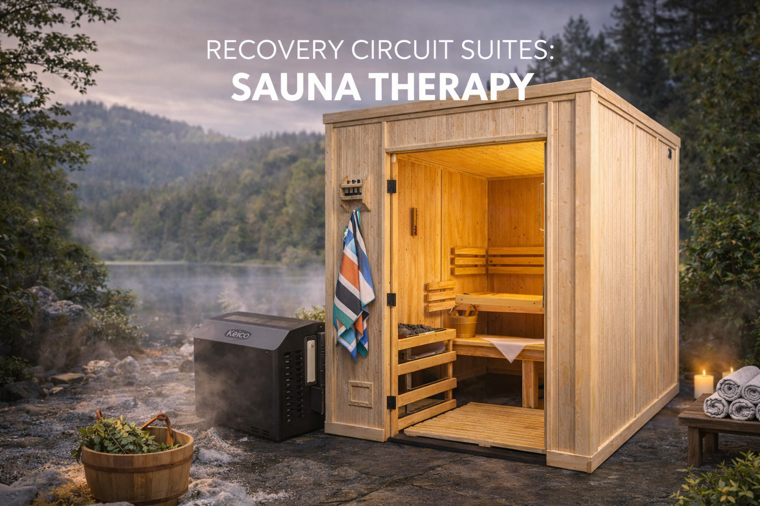 A wooden sauna setup next to a lake in a natural outdoor setting, with a bucket of water, rolled towels, and candles nearby, promoting relaxation and wellness.