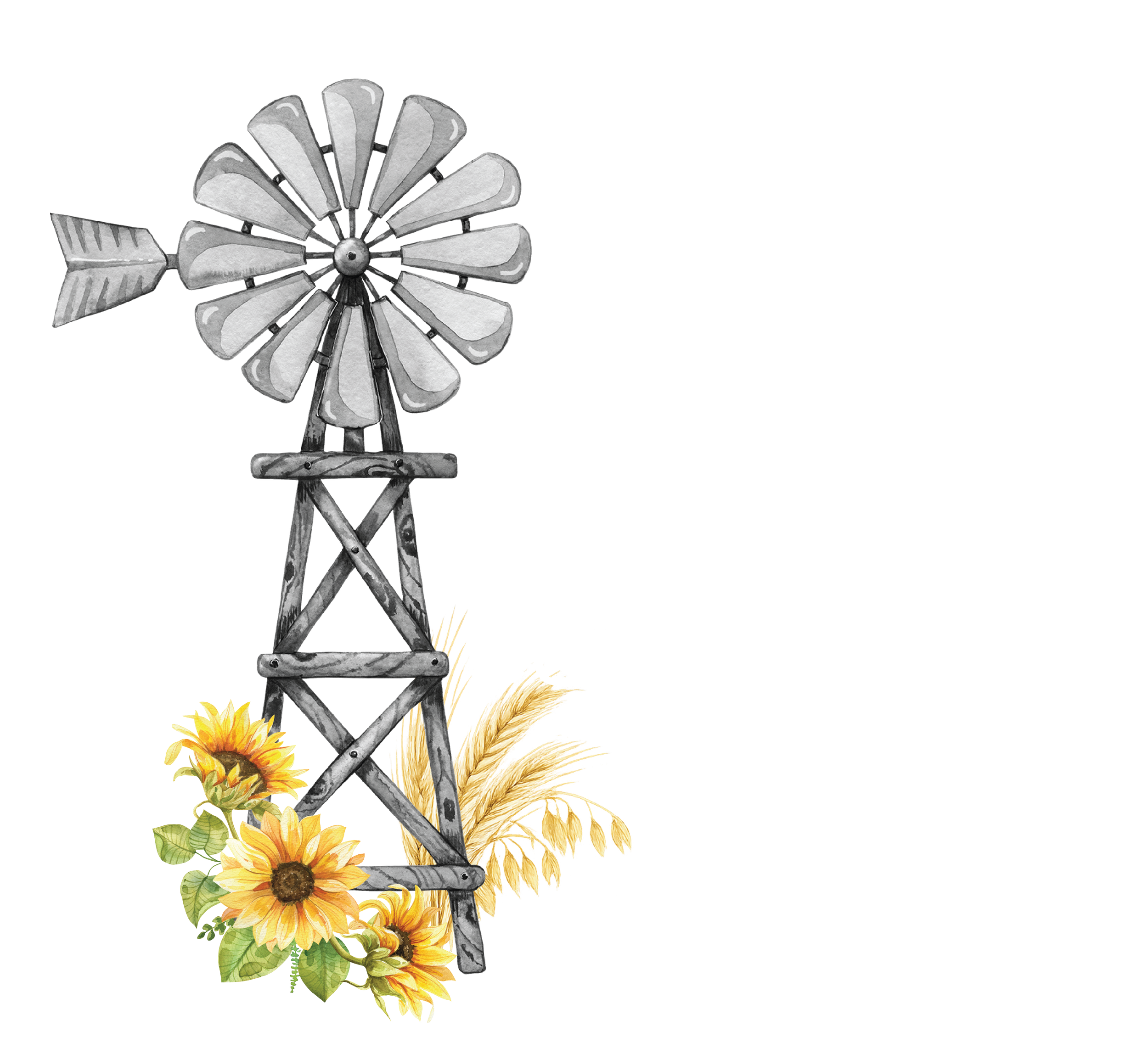 Illustration of a rustic windmill with sunflower and wheat at the base.