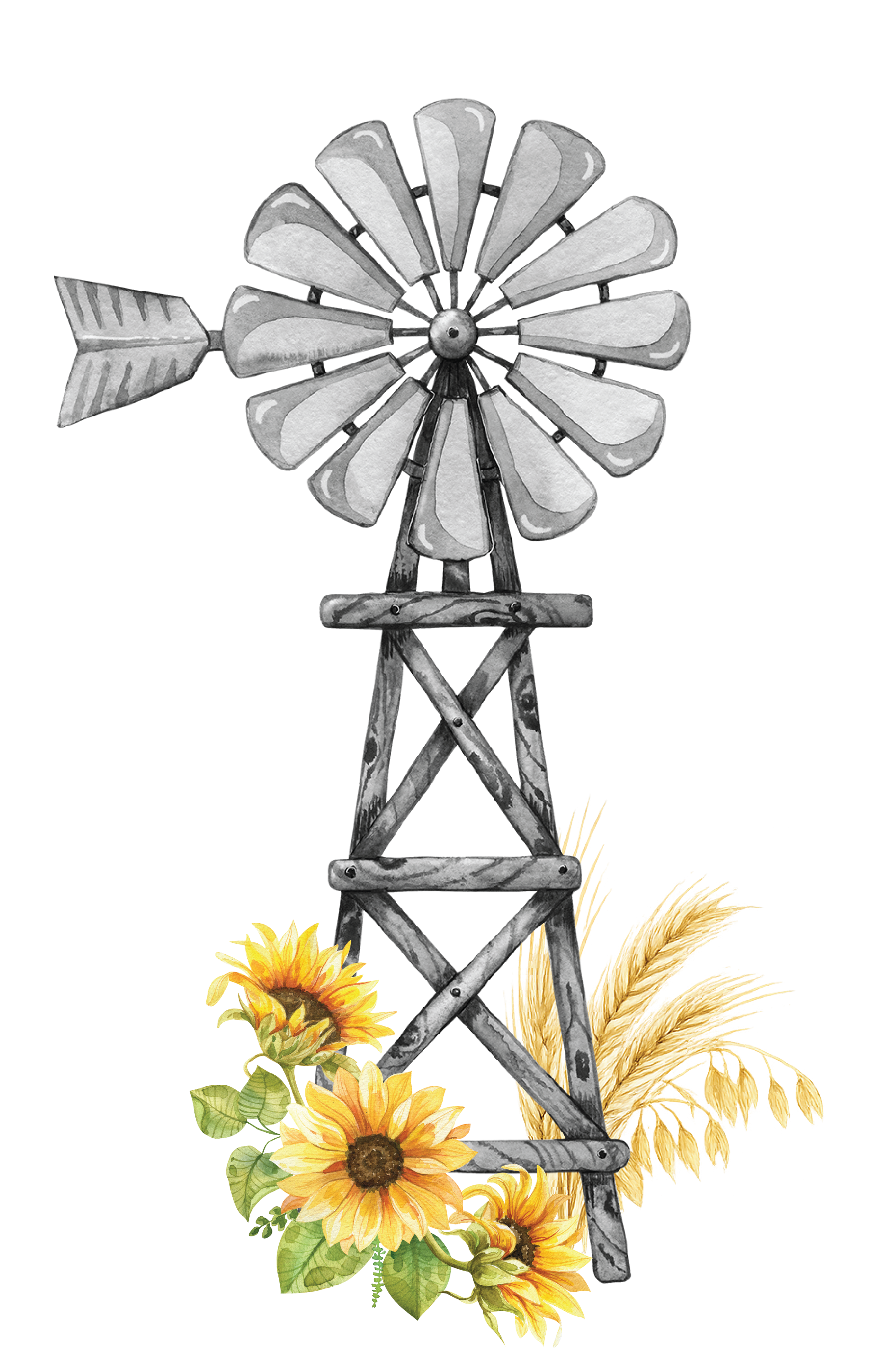A decorative metal windmill with sunflower and wheat illustrations at the base.
