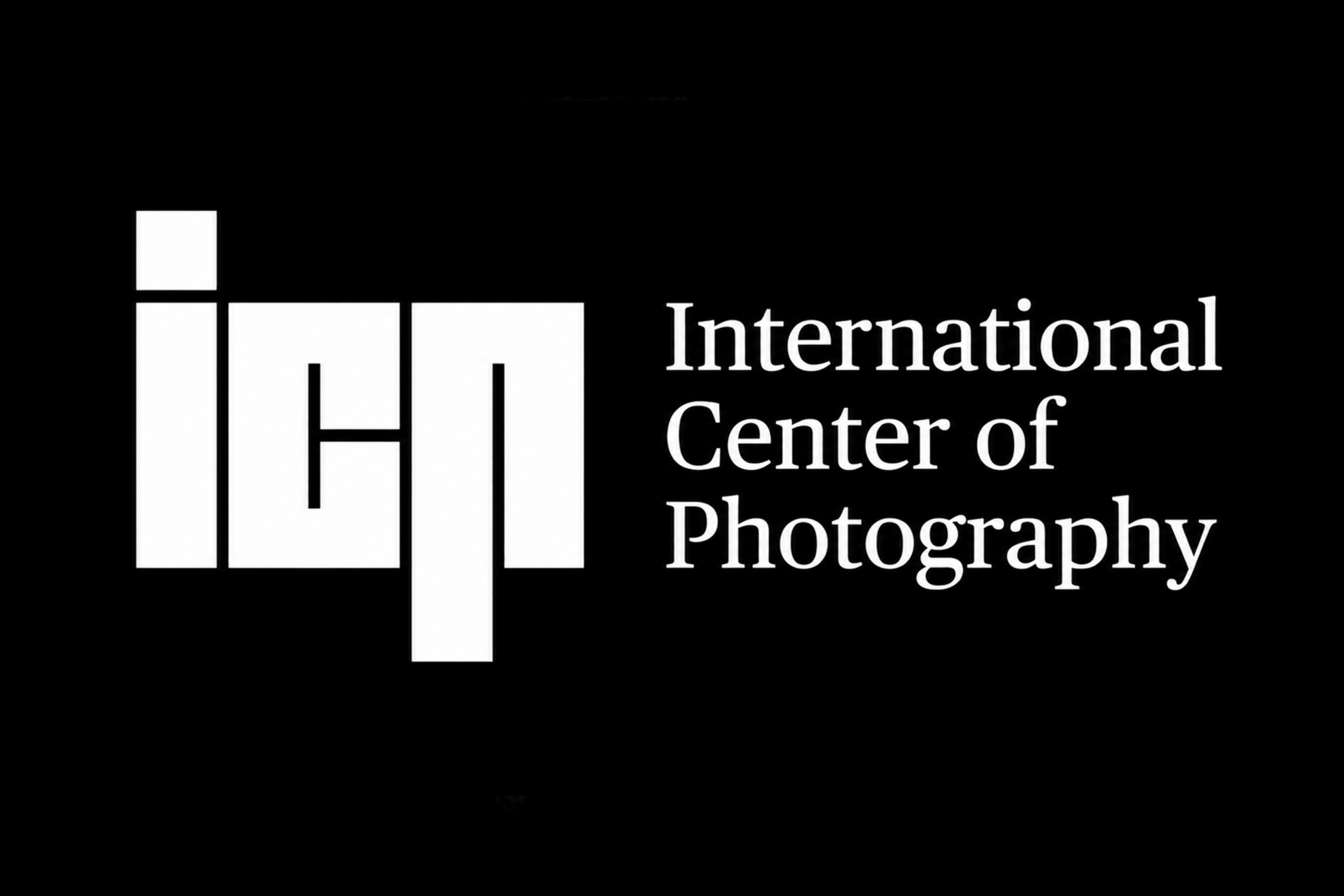 Logo for the International Center of Photography featuring abstract black and white shapes and the name in white text.