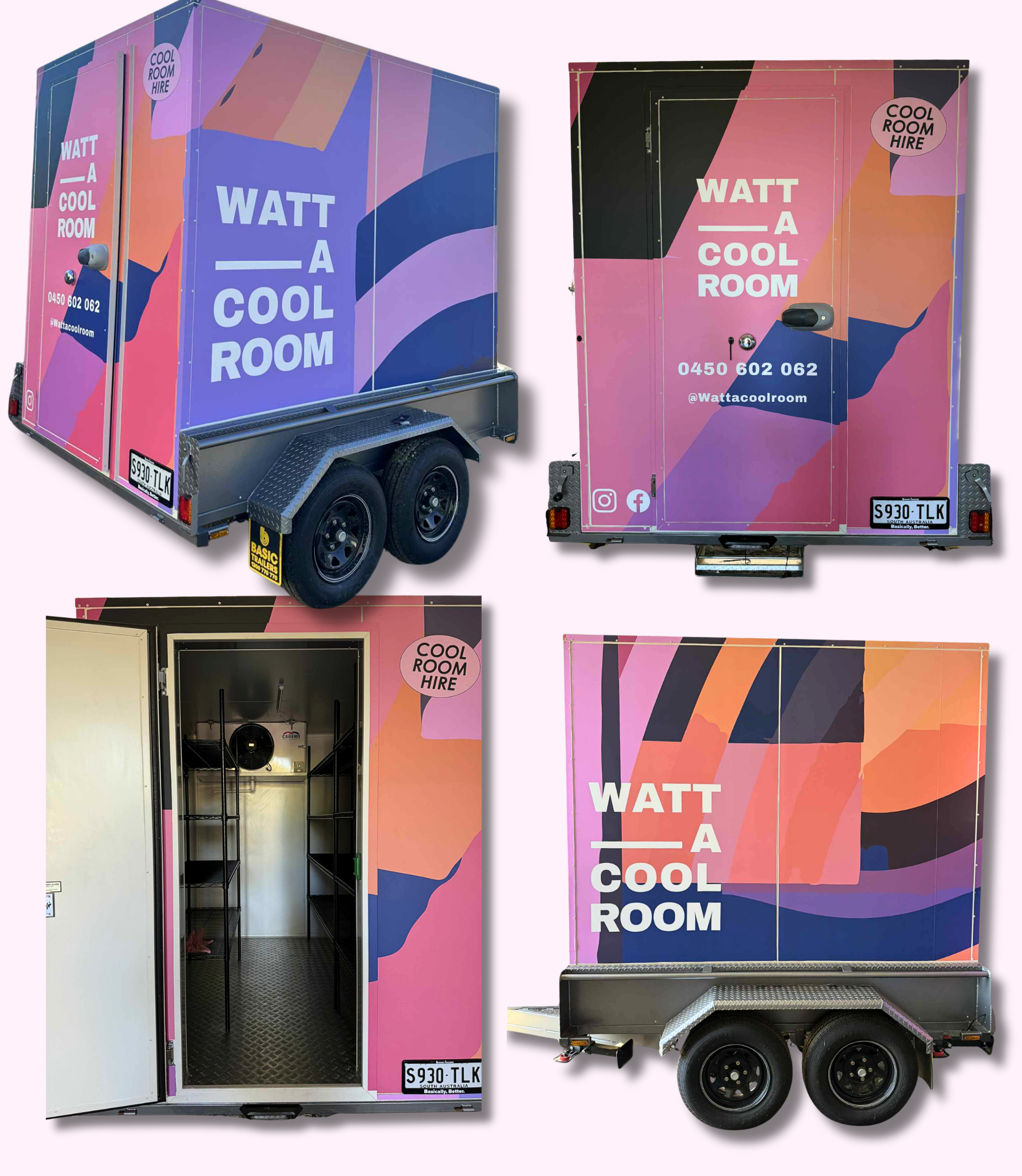 Graphics of a mobile cool room from all angles, displaying the size, dimensions and internal fitout.