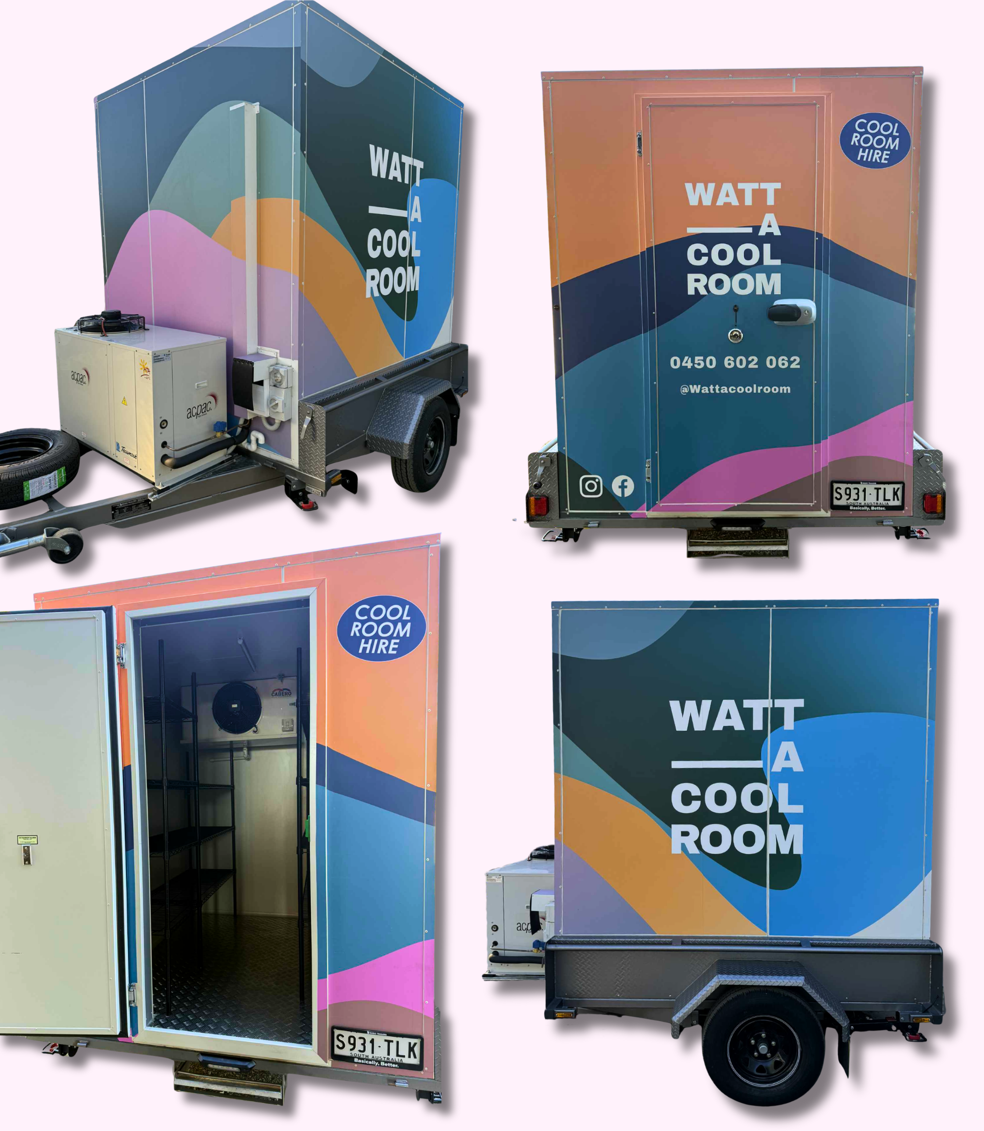 Graphics of a mobile cool room from all angles, displaying the size, dimensions and internal fitout.