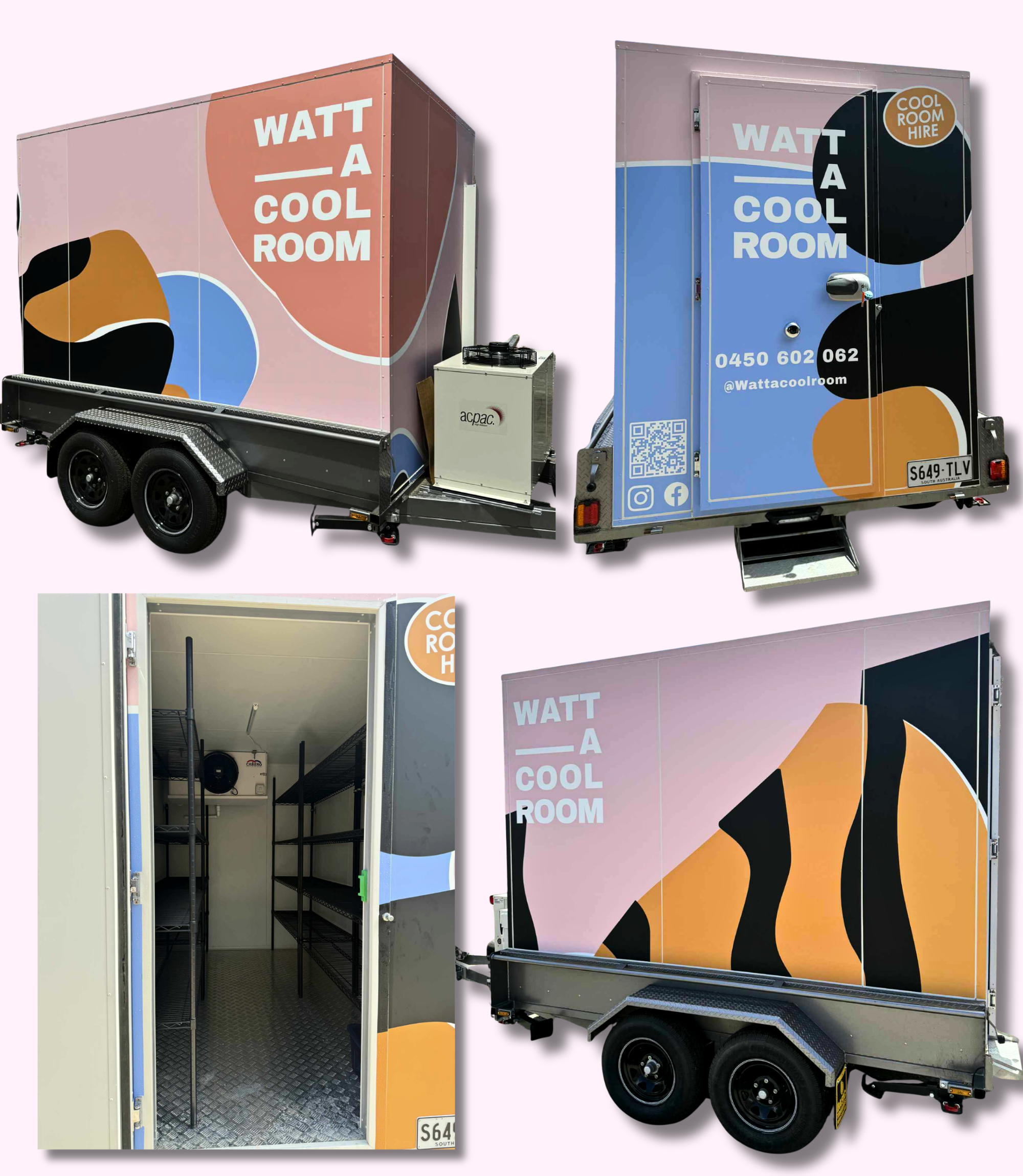 Graphics of a mobile cool room from all angles, displaying the size, dimensions and internal fitout.