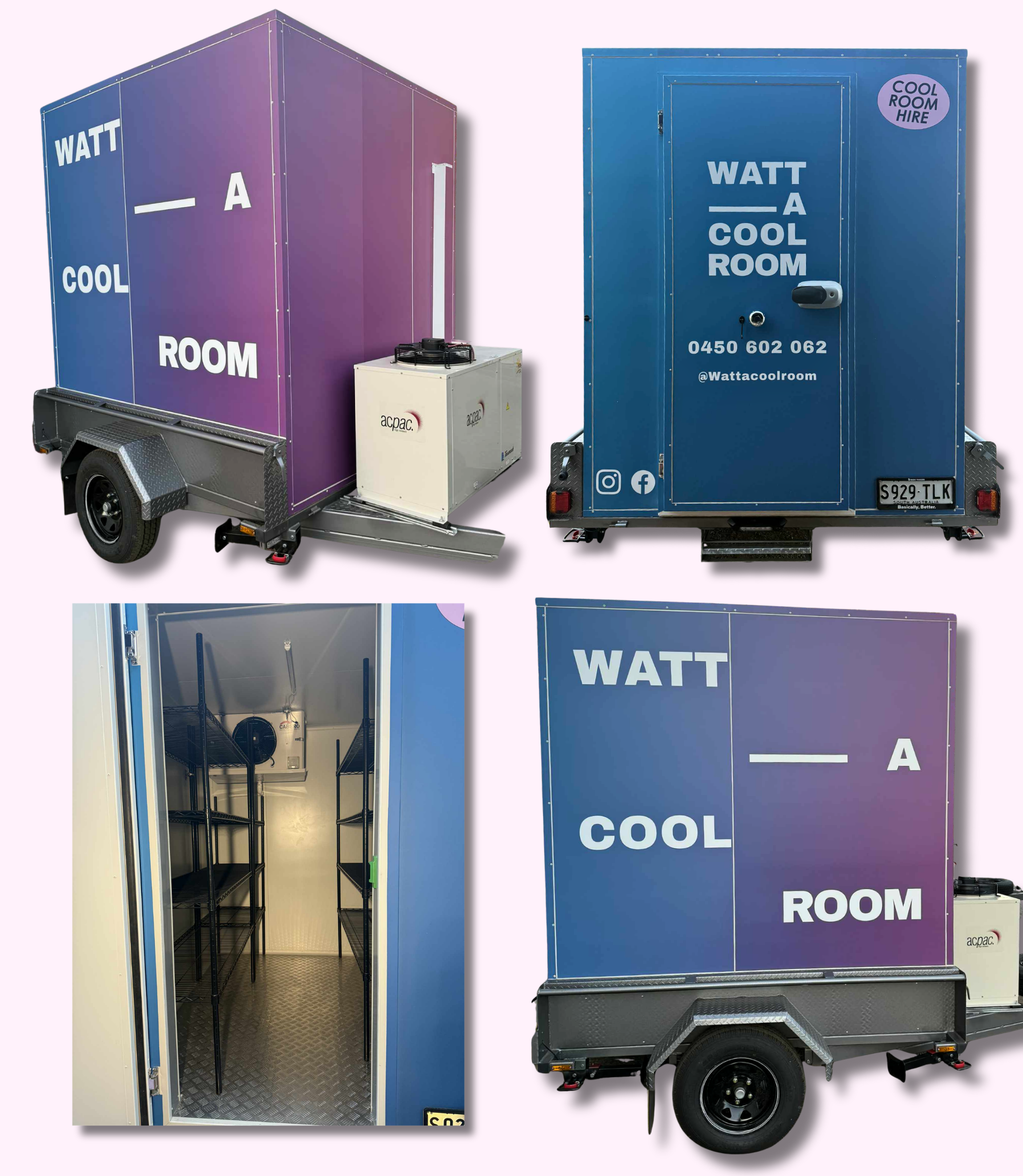 Graphics of a mobile cool room from all angles, displaying the size, dimensions and internal fitout.