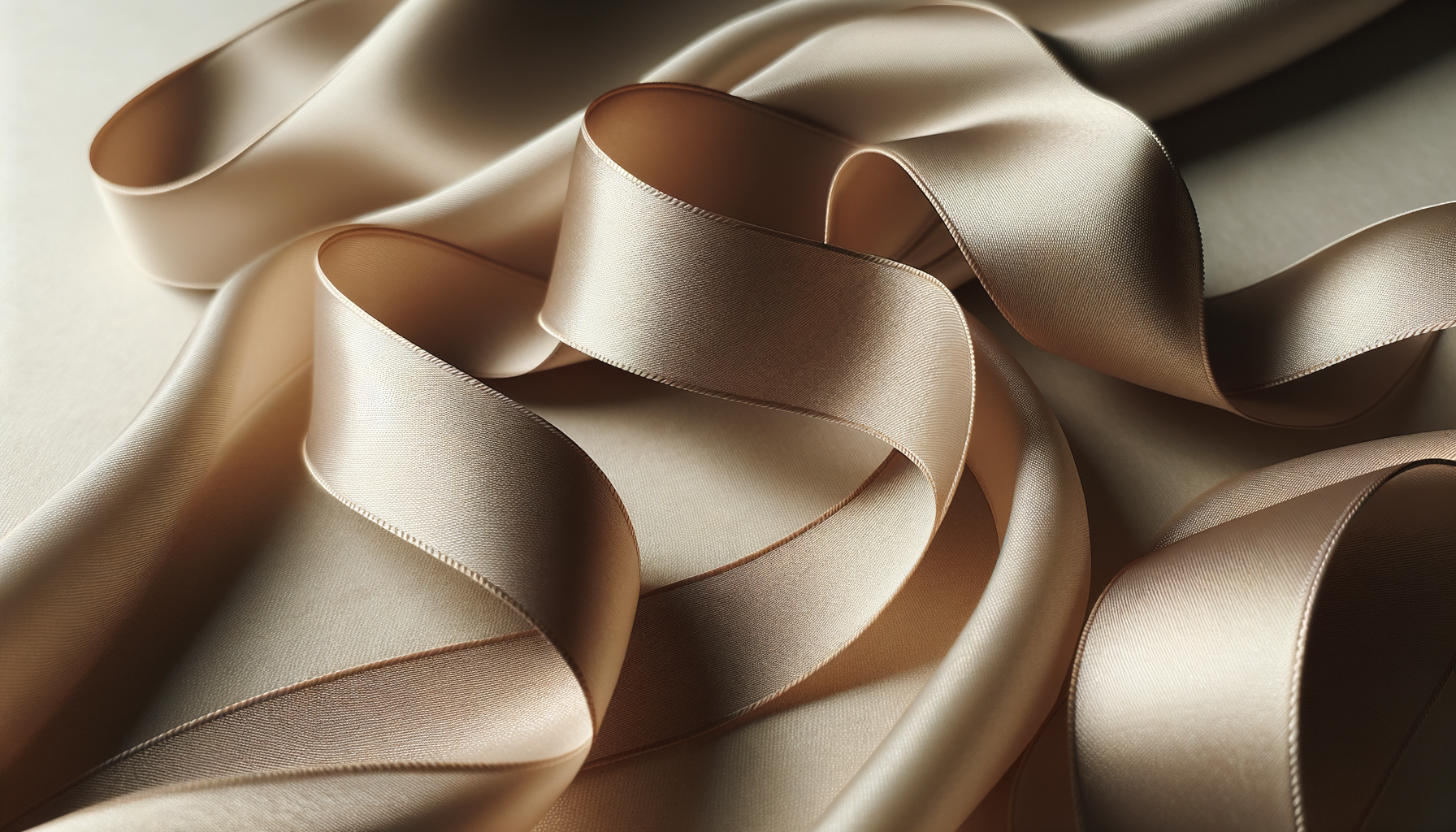 Close-up of peach-colored satin ribbon with a smooth, shiny texture, arranged in gentle curls on a neutral background.