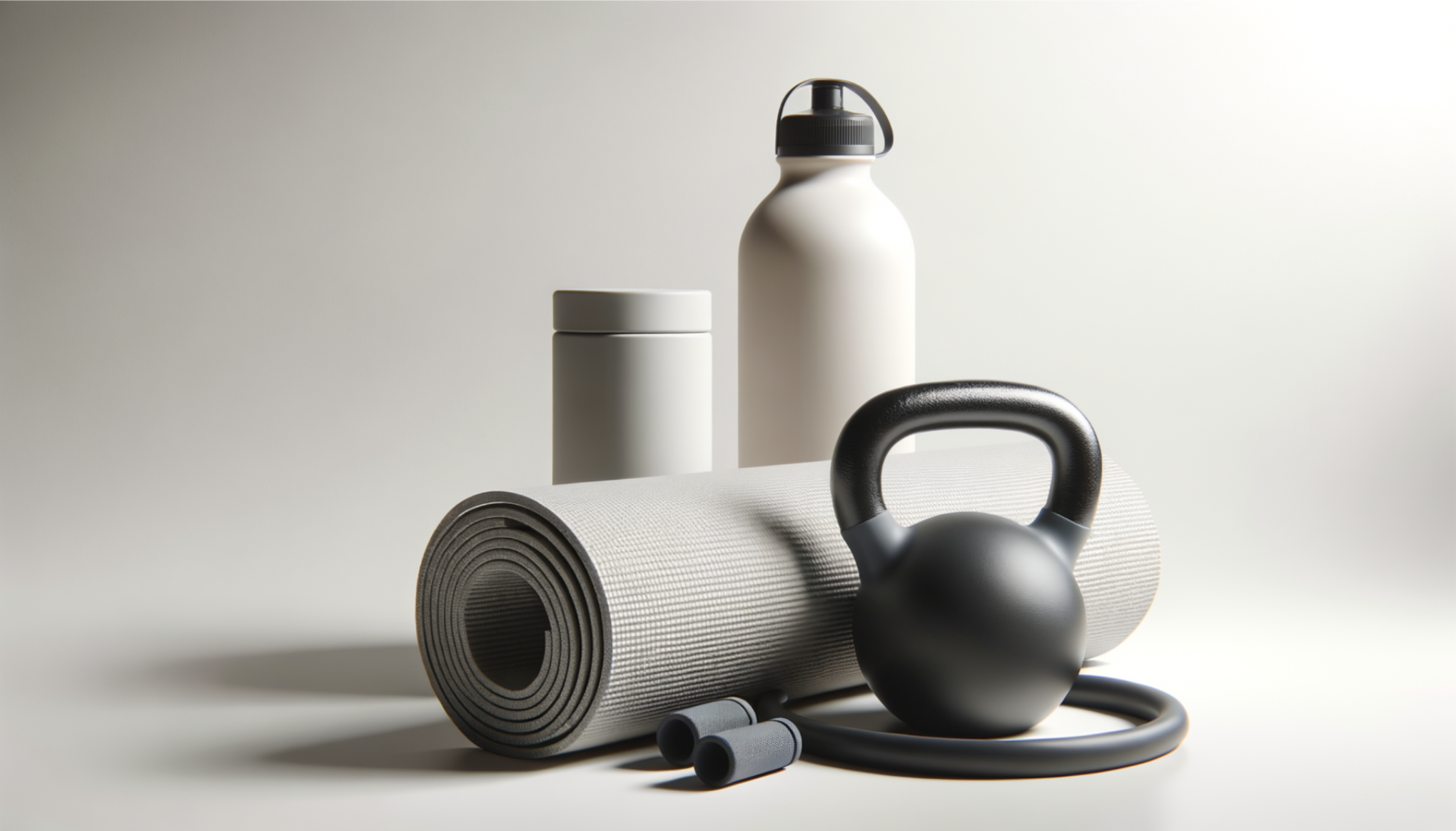 Fitness equipment including a rolled yoga mat, a kettlebell, a water bottle, a container, and a pair of small hand grips on a white background.