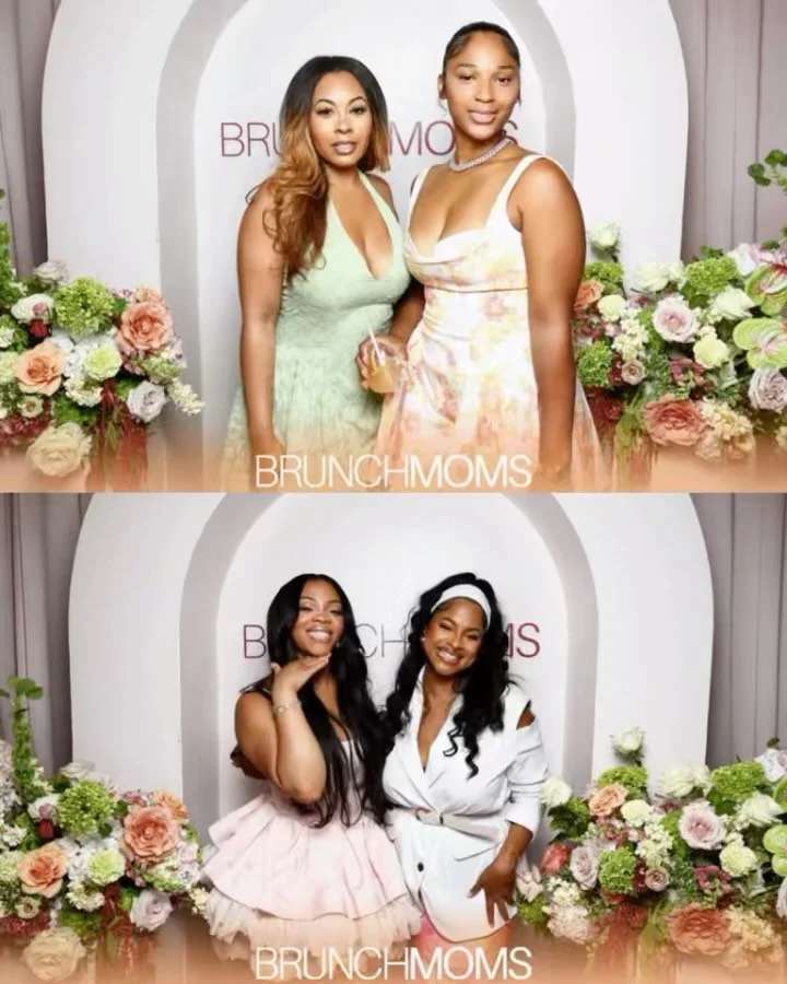 Two photos of women at a brunch event called BRUNCHMOMS, standing in front of floral backdrops with pink and white flowers and the event name visible.