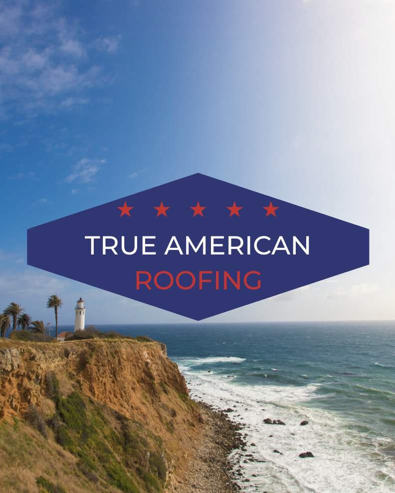 Coastal landscape with a lighthouse on a cliff, ocean waves, and a partly cloudy sky, with a logo for 'True American Roofing' overlaying the image.