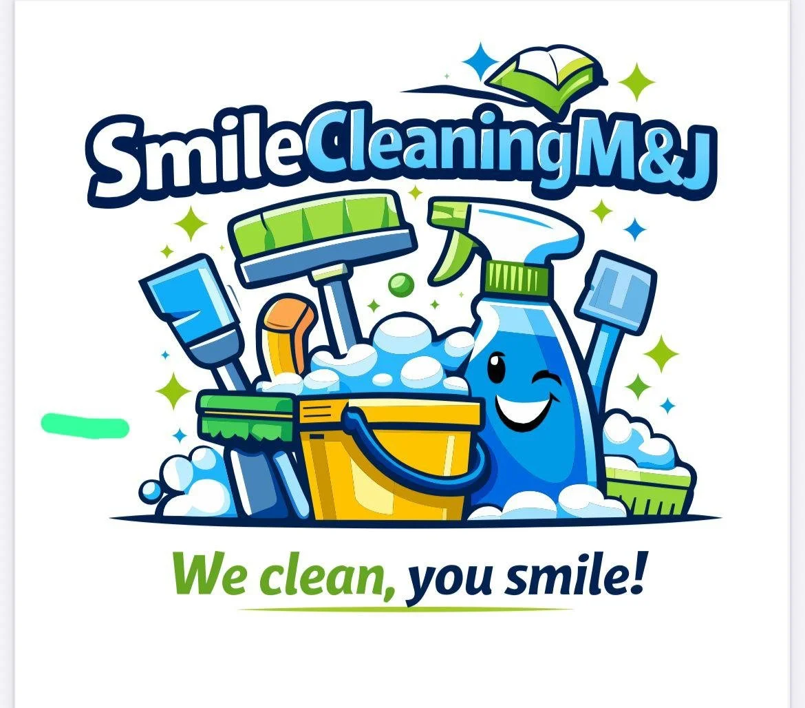A cartoon illustration of cleaning supplies including a mop, spray bottle, scrub brush, sponge, and bucket, all with smiling faces and surrounded by sparkles. The text reads 'SmileCleaningMJ' at the top and 'We clean, you smile!' at the bottom.