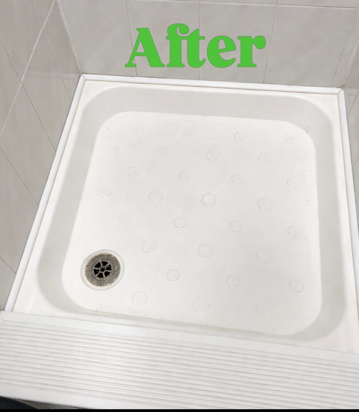 Clean white shower base with a drain, surrounded by tiled walls, labeled 'After'.