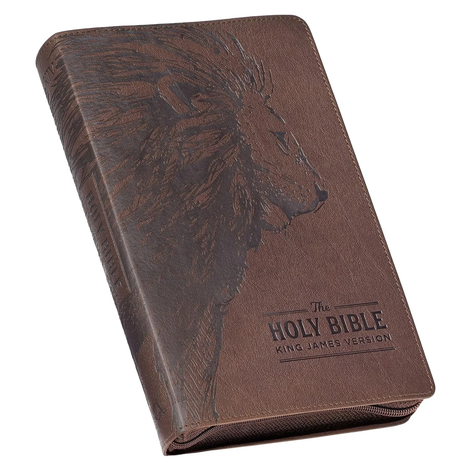 Brown Faux Leather Lion KJV Bible with Zipper