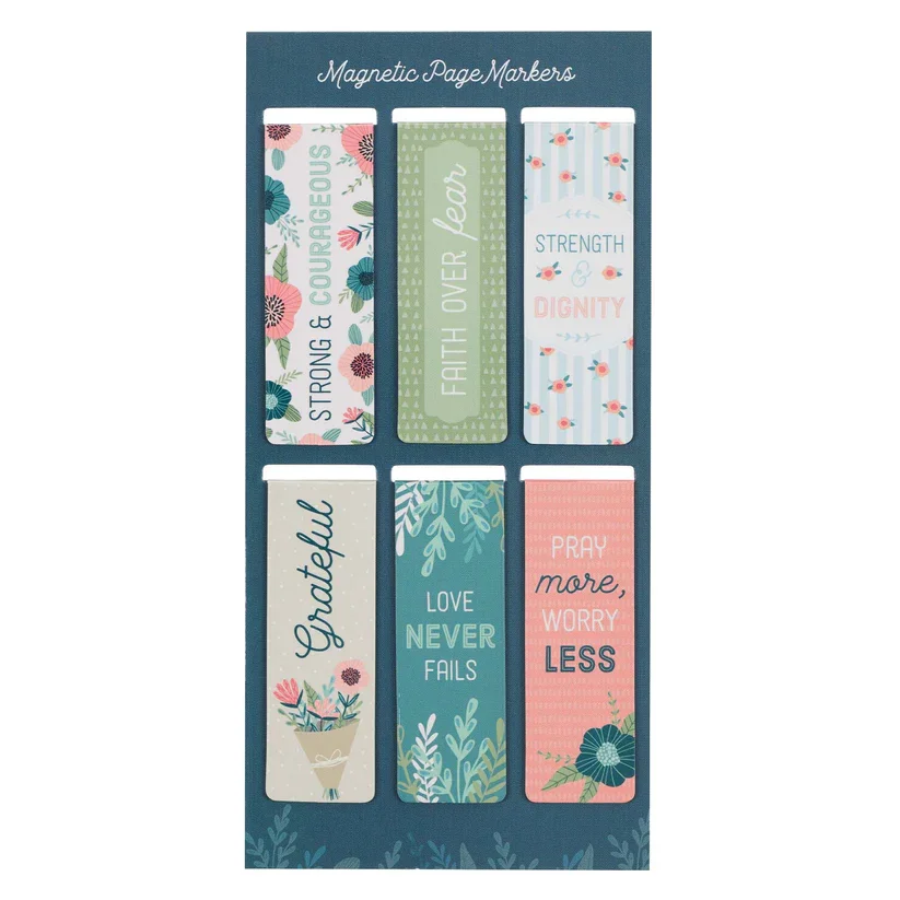 Set of six magnetic page markers with floral and botanical designs, each with an inspiring message: 'Strong & Courageous', 'Faith Over Fear', 'Strength & Dignity', 'Grateful', 'Love Never Fails', and 'Pray More Worry Less'.