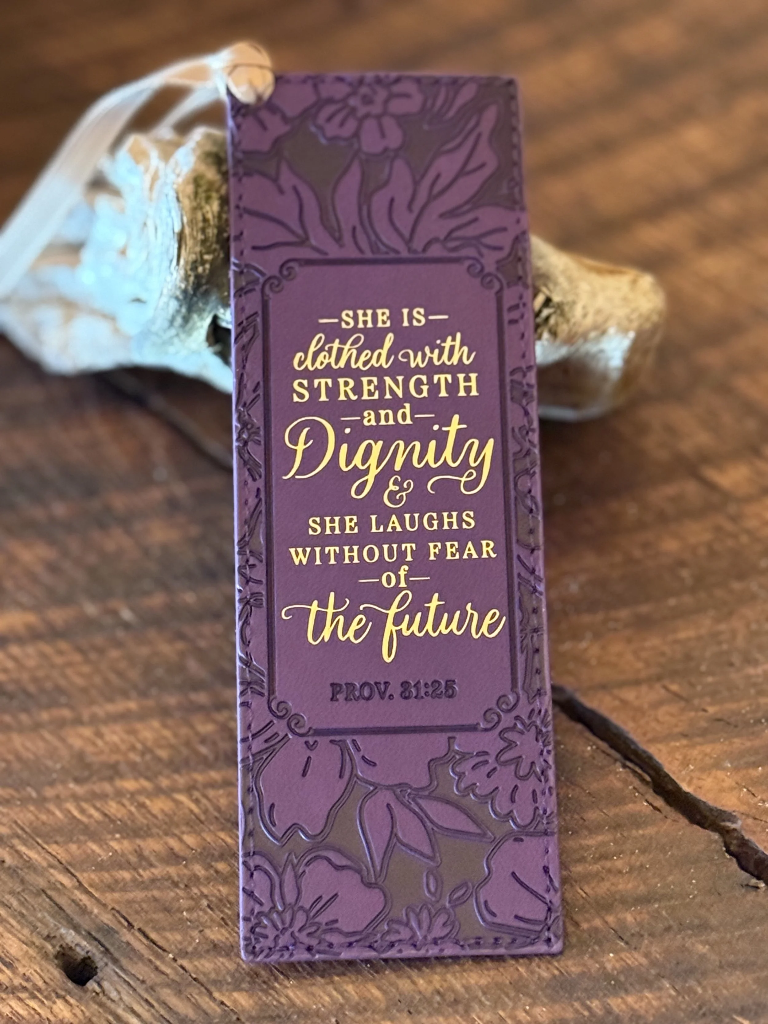 Strength and Dignity Purple Rose Faux Leather Bookmark~Proverbs 31:25
