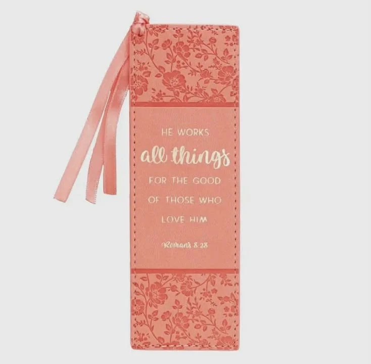 Rom. 8:28 Faux Leather Coral Bookmark